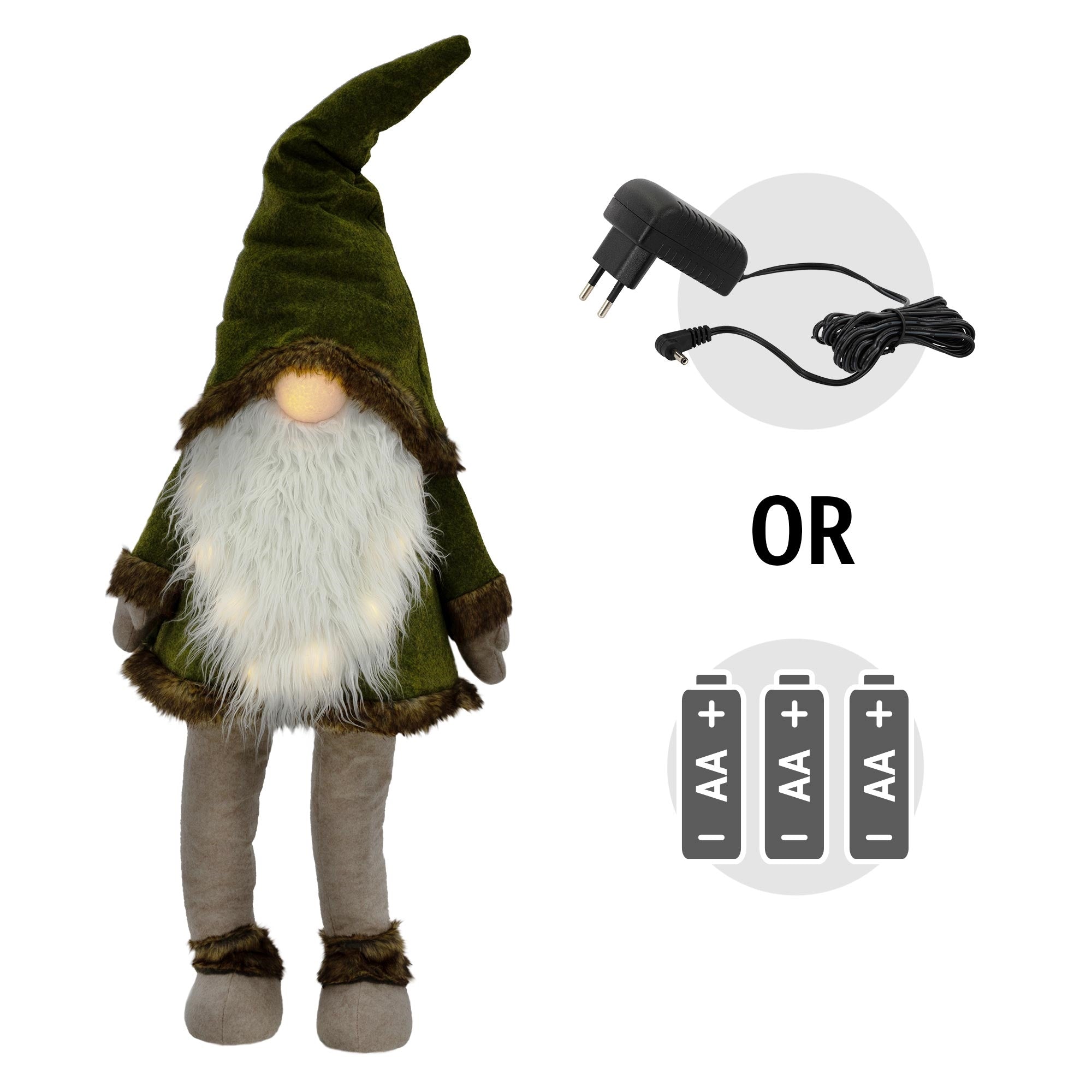 Pluche figuur van een gnoom met groene hoed, stekker en batterijcompartiment.