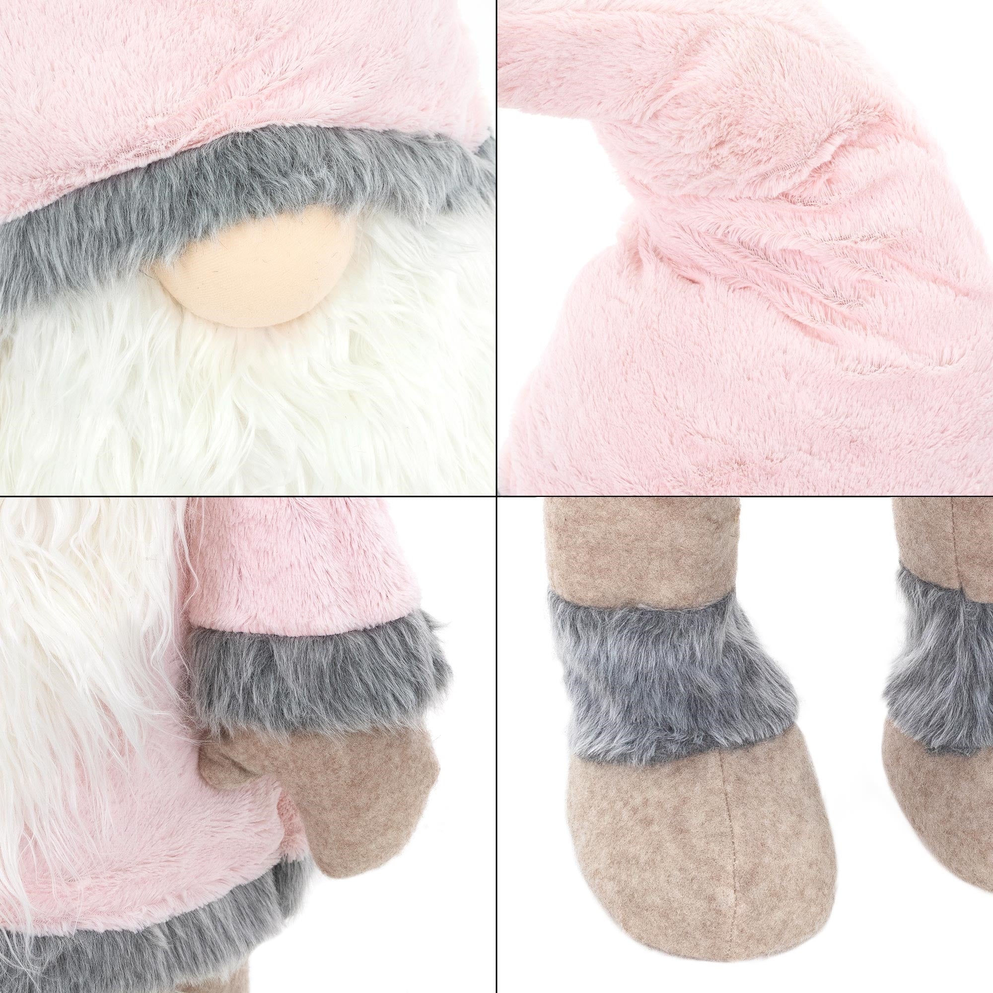 Close-up of a plush Christmas gnome with pink and gray details.
