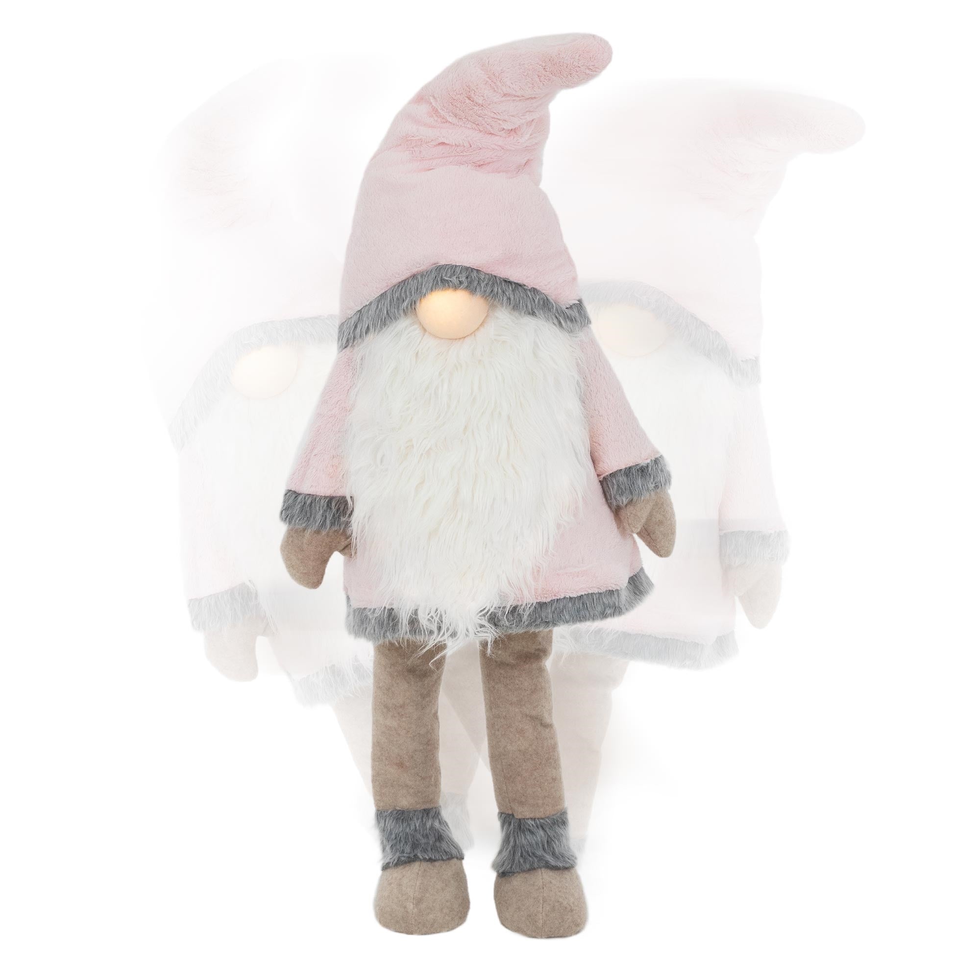 Plush gnome with a pink hat and white beard.