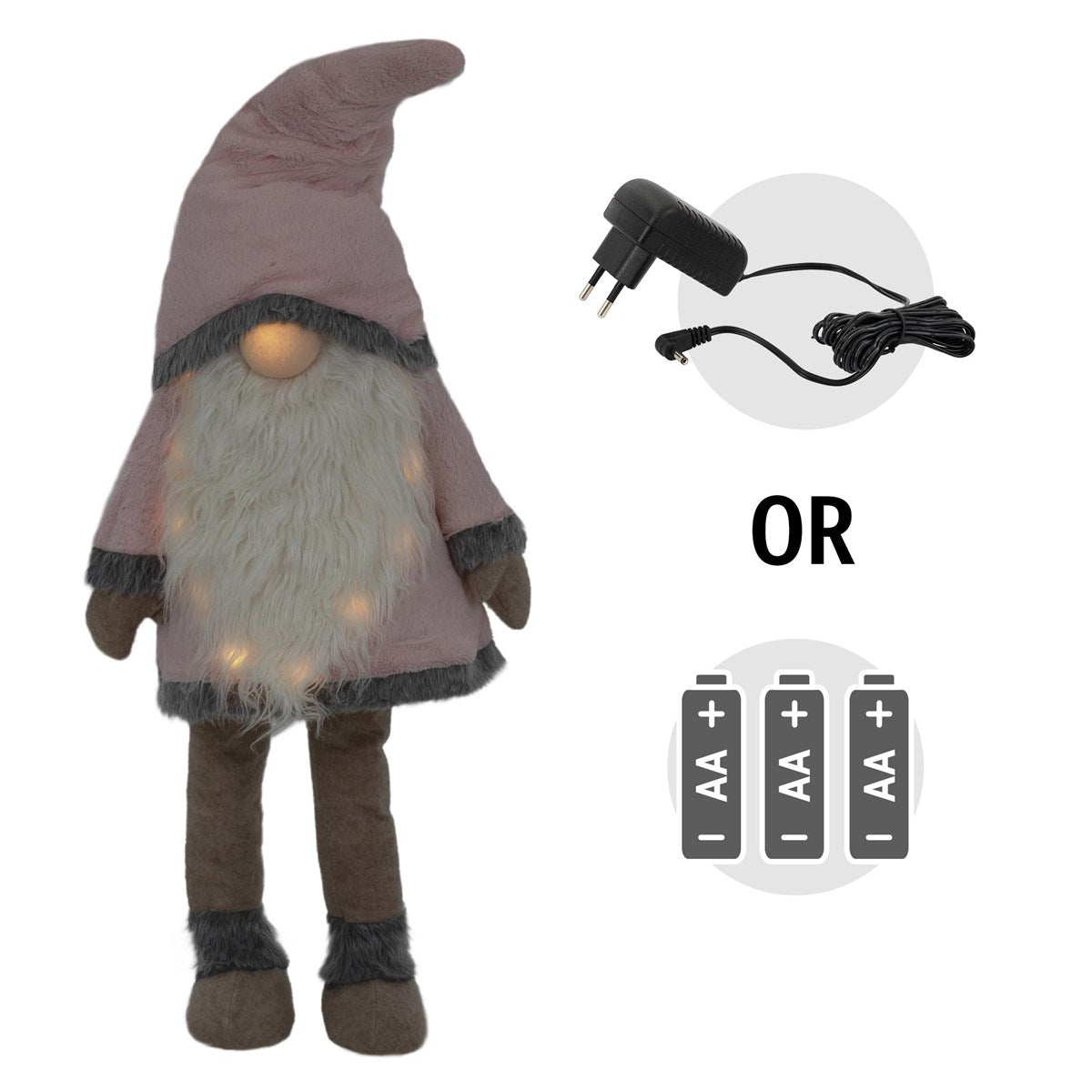Una figura de tela con un gorro que muestra una toma de corriente y pilas.