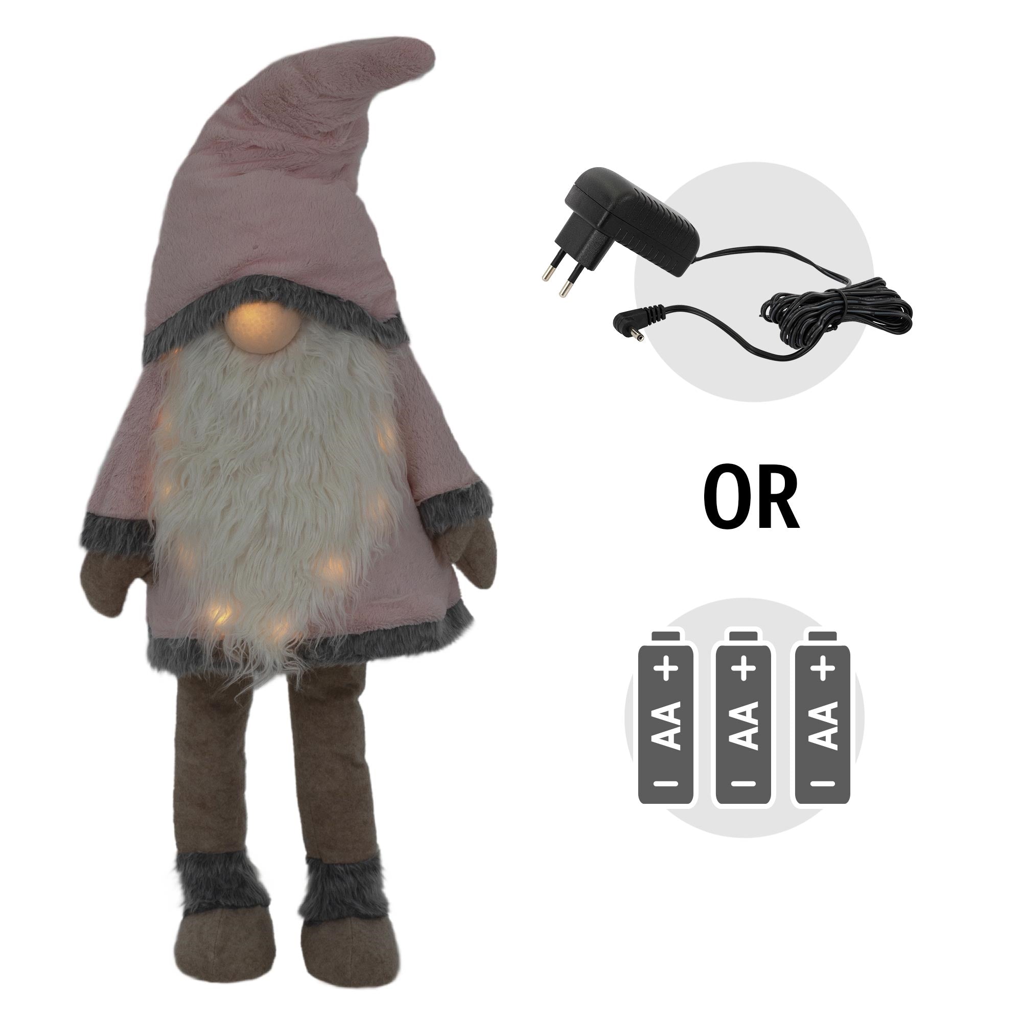 A fabric figure with a hat showing a socket and batteries.