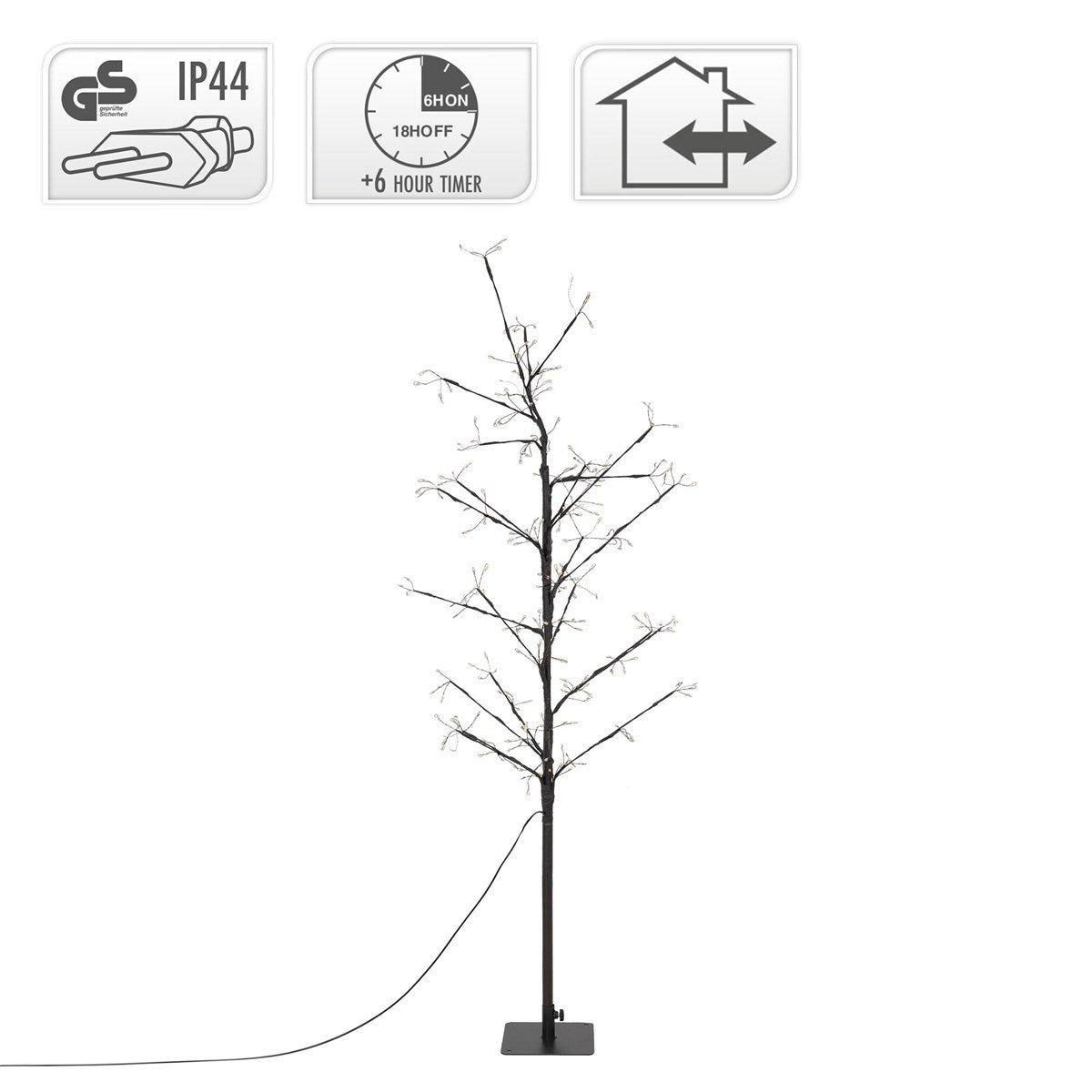 Ein beleuchteter Baum mit technischen Symbolen für IP44 und Timer-Funktion.