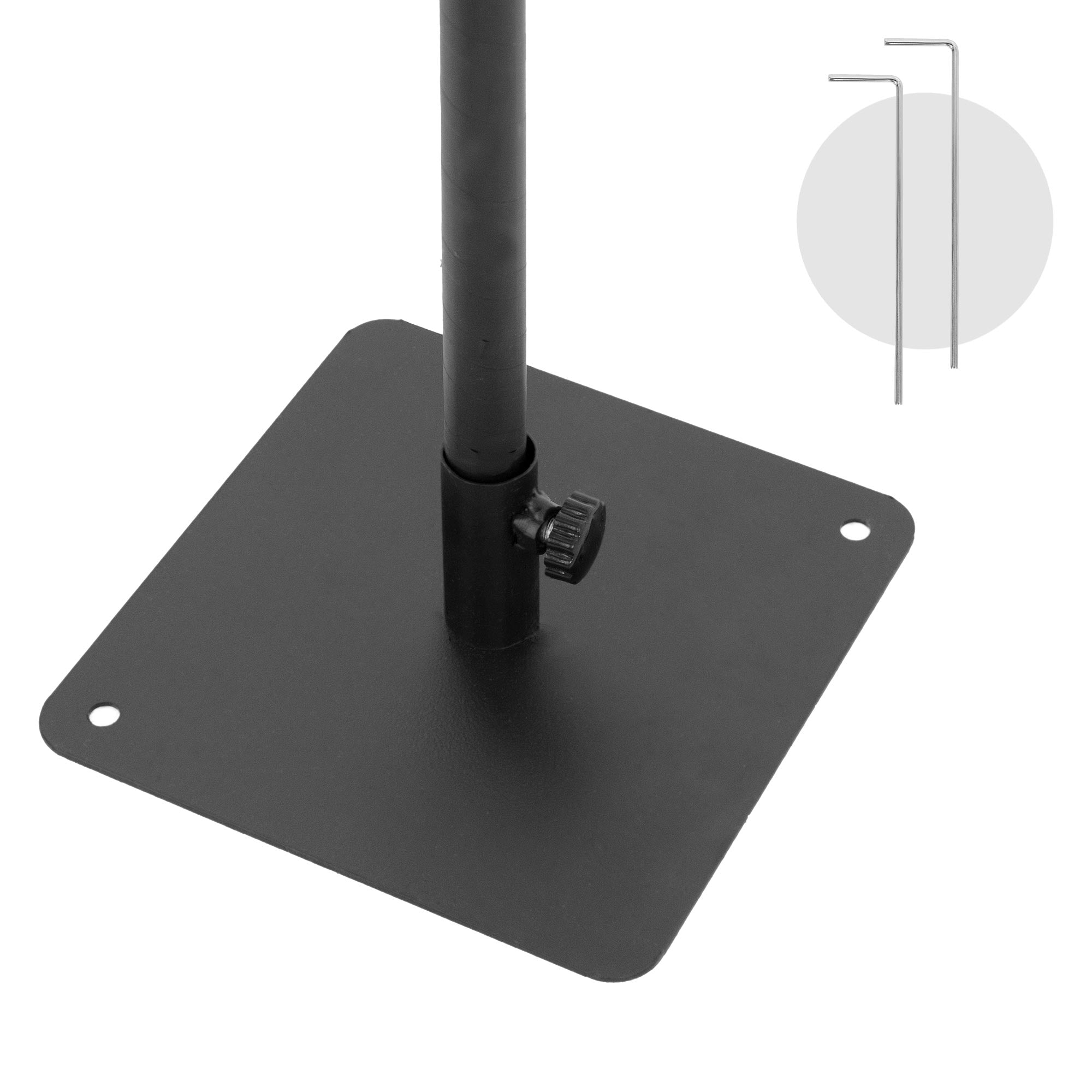 Base negra con soporte para un árbol, dos varillas en la imagen.