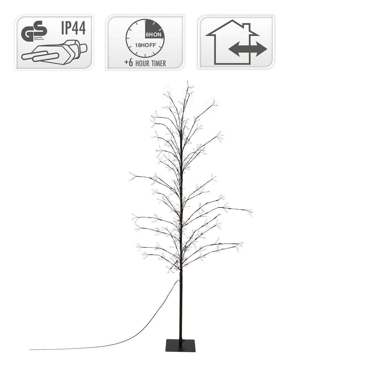 Dünner, beleuchteter Baum mit einem stabilen Standfuß.
