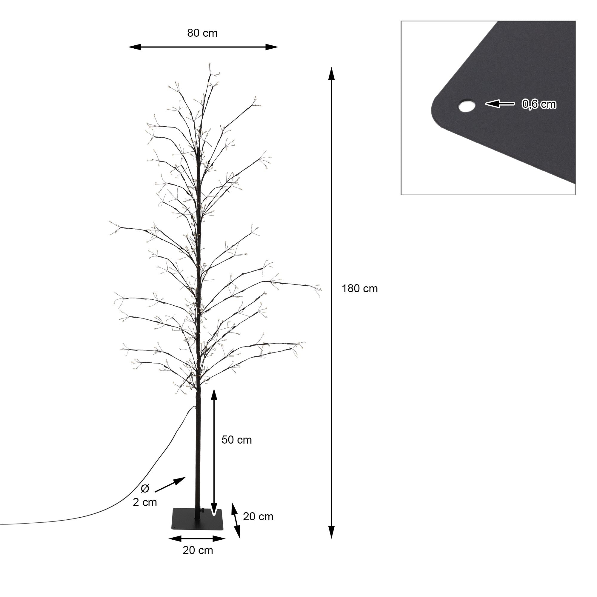 Skizze eines künstlichen Baumes mit Maßen und einem Standfuß.