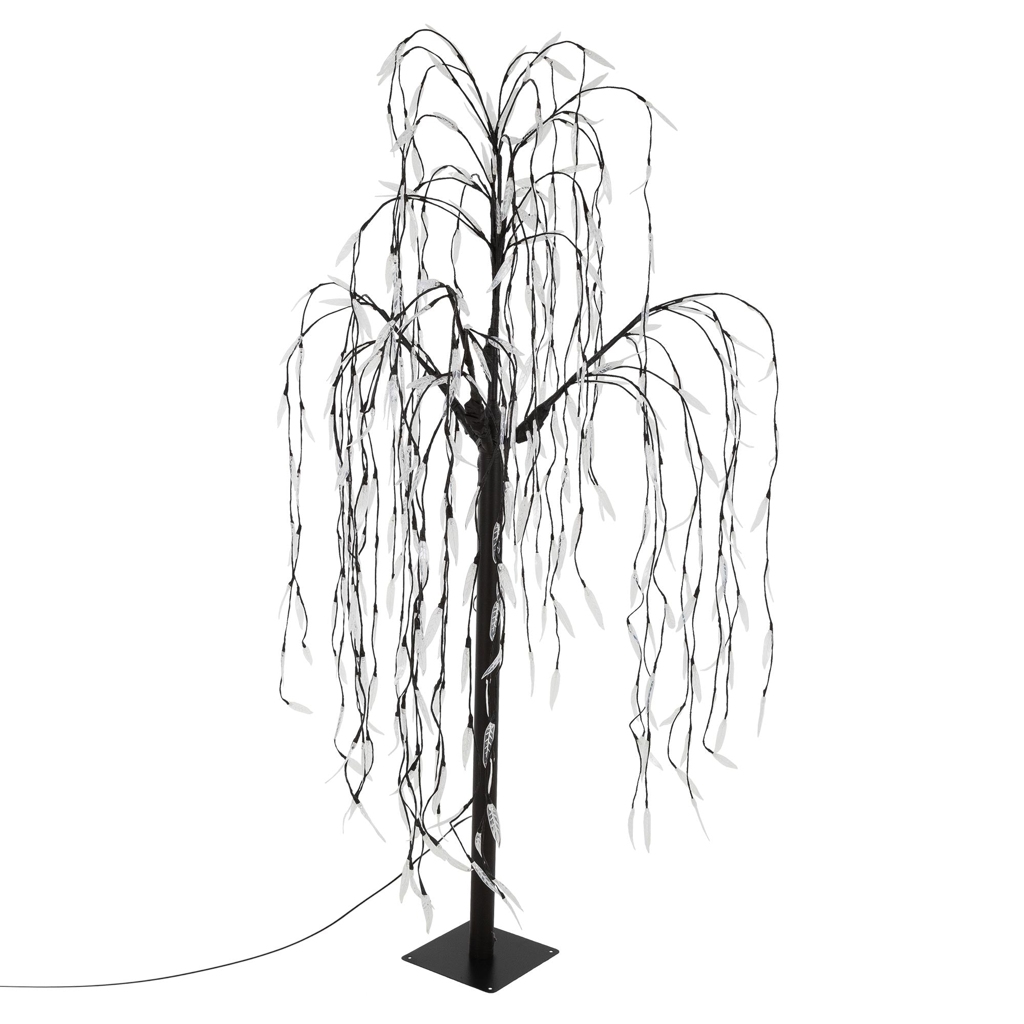 Schwarzer künstlicher Baum mit langen, hängenden Zweigen.