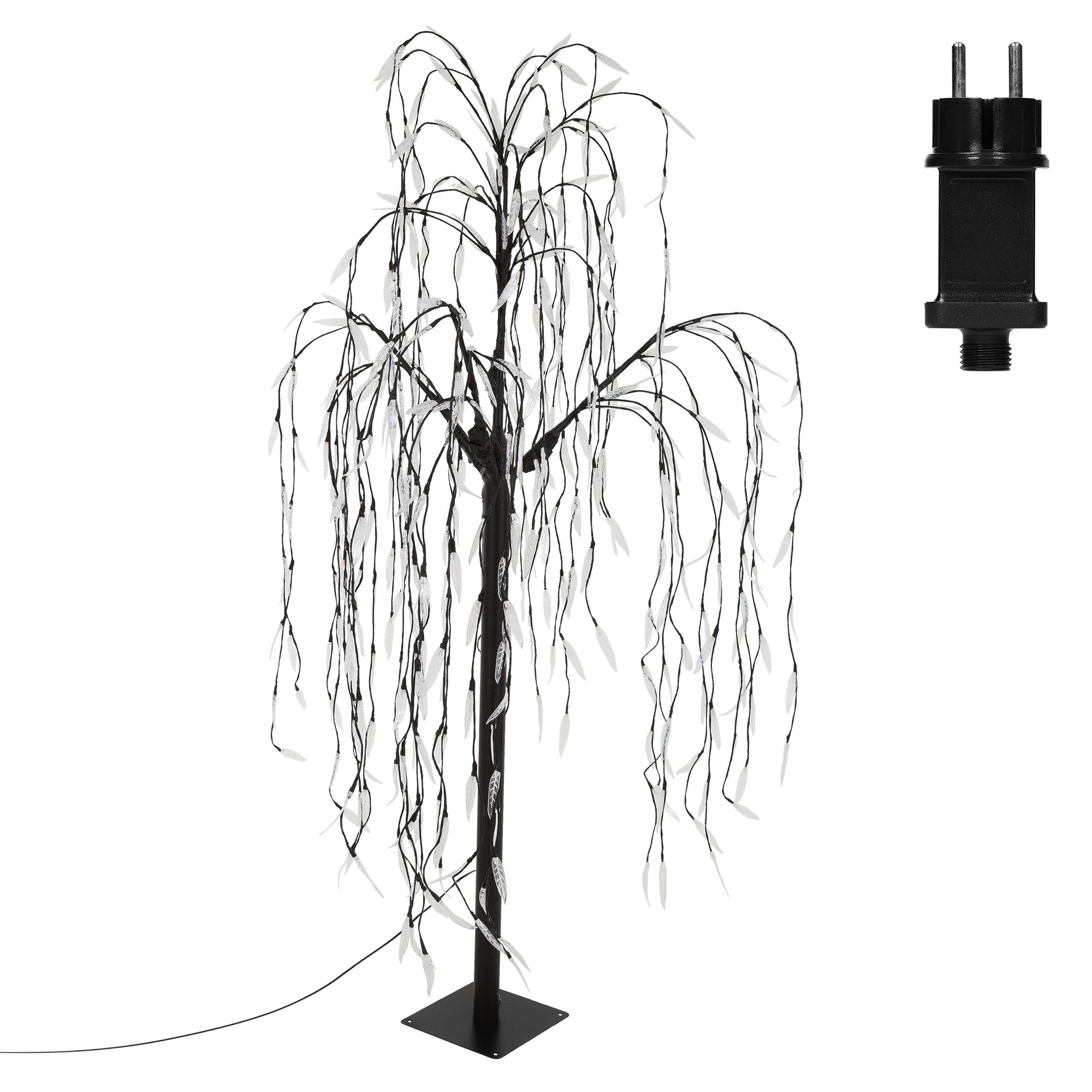 Schwarzer künstlicher Baum mit hängenden Zweigen und Stecker.