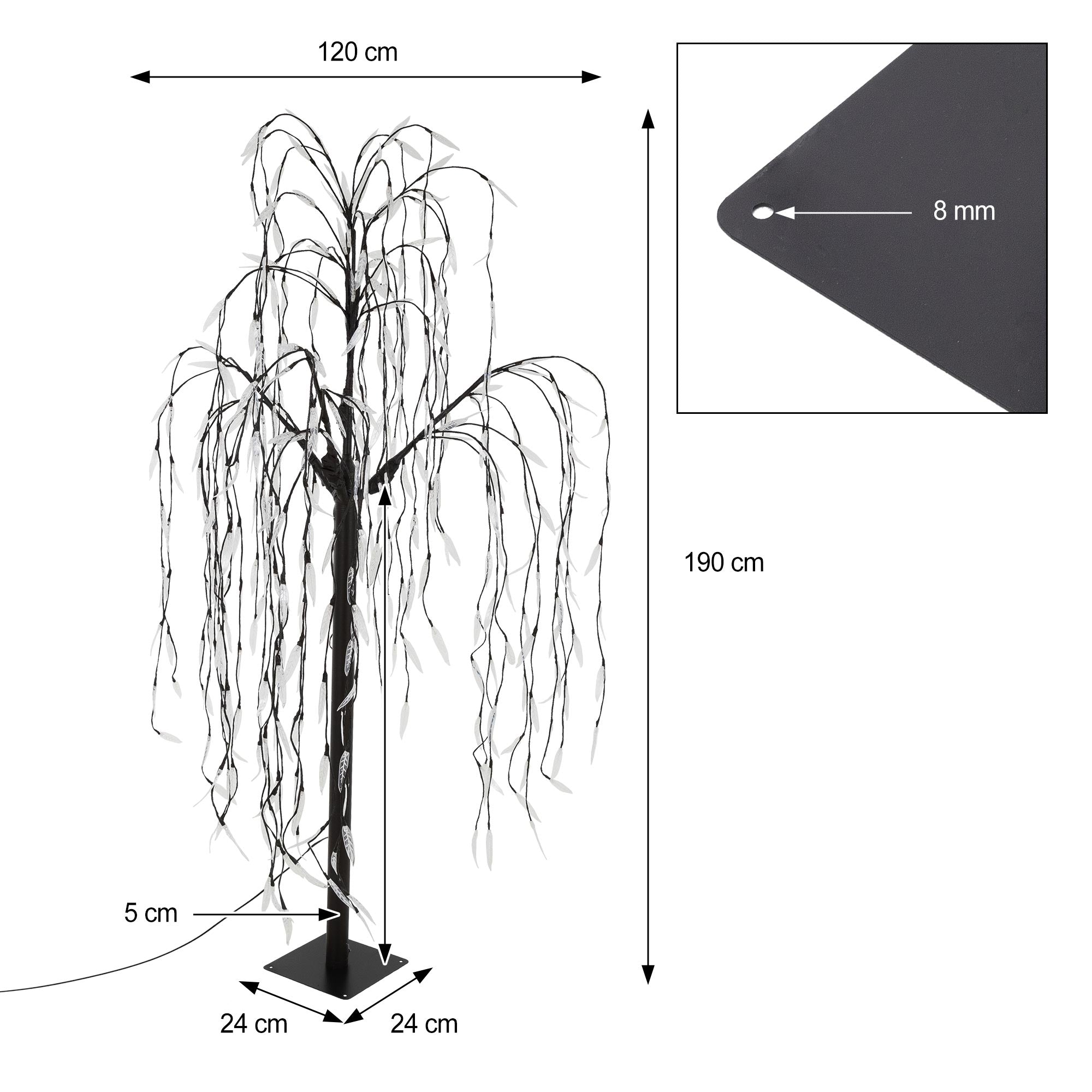 Schwarz-weißer Baum mit hängenden Zweigen, Maßangaben und einer quadratischen Basis.