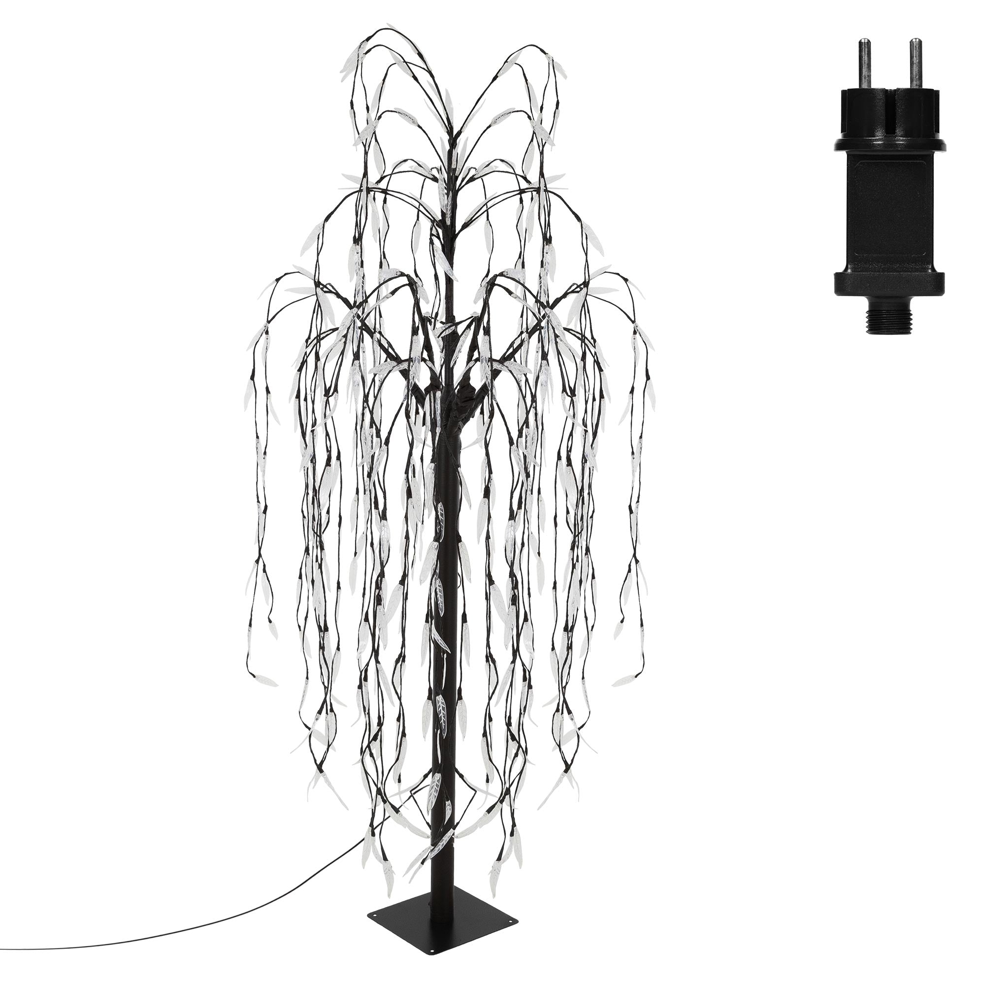 Künstlicher Baum mit hängenden Lichtern, schwarzer Sockel, Kabel sichtbar.