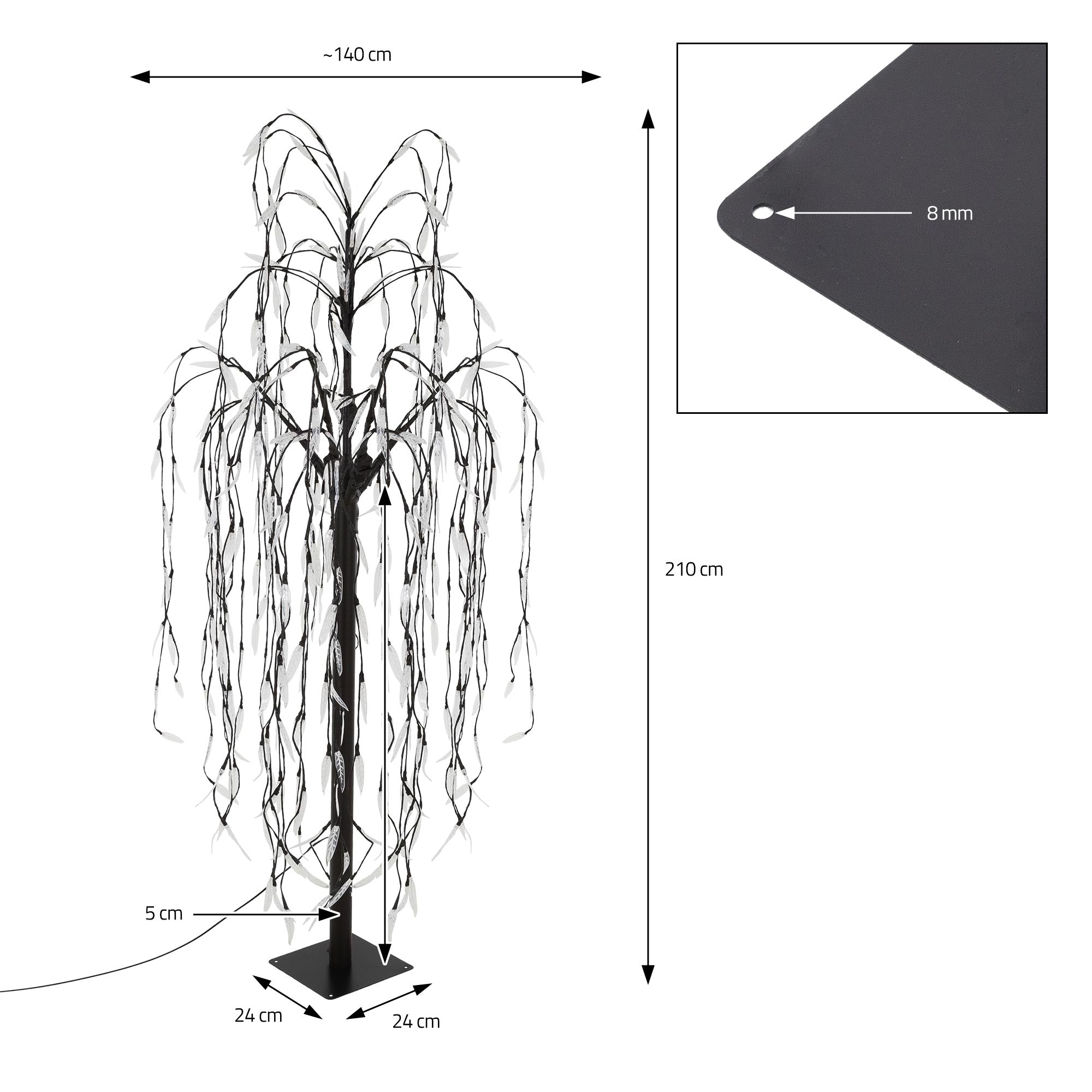 Schwarzer künstlicher Baum mit langen, hängenden Zweigen und einer Höhe von 210 cm.