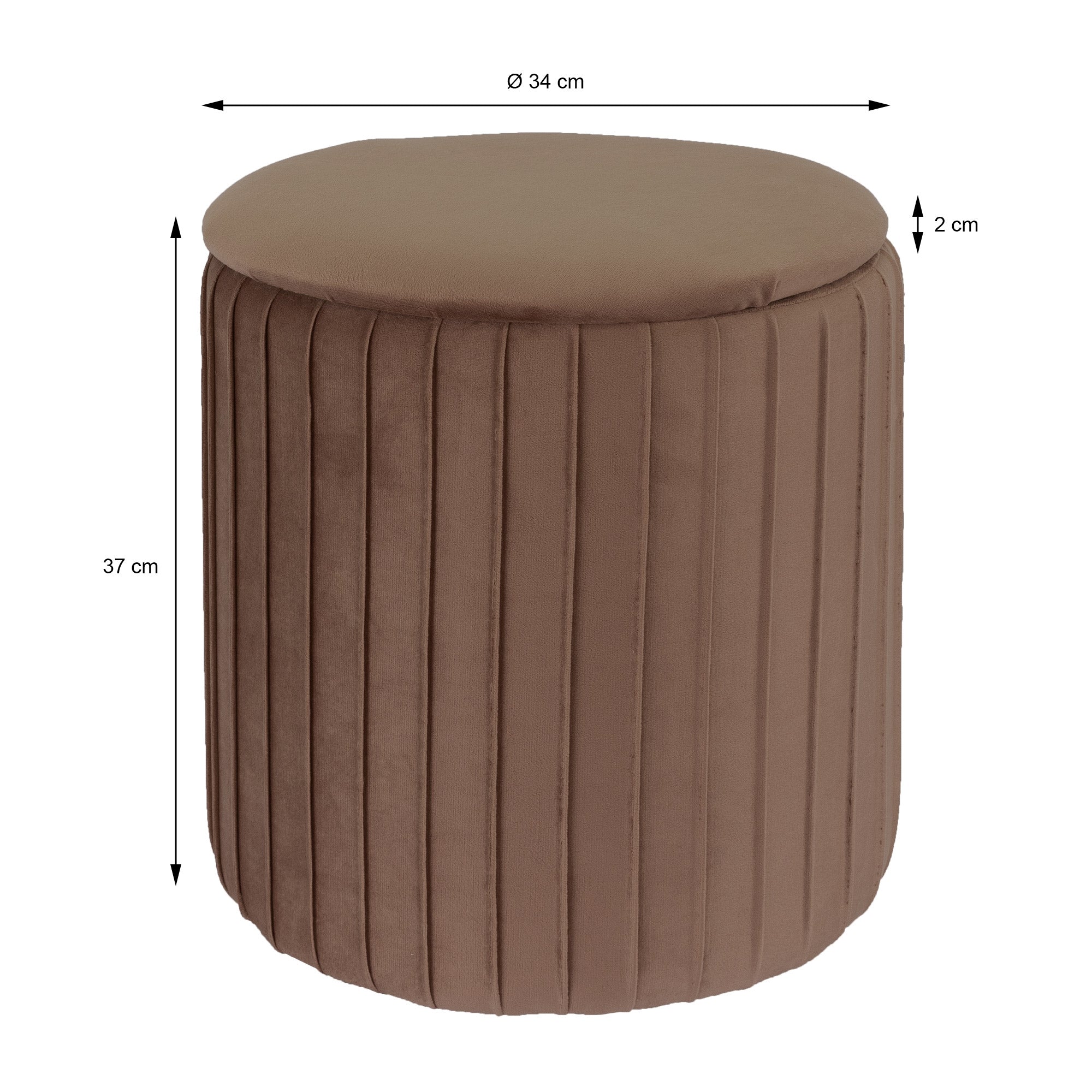 Hnědý kulatý taburet s vertikálními záhyby, průměr 34 cm, výška 37 cm.