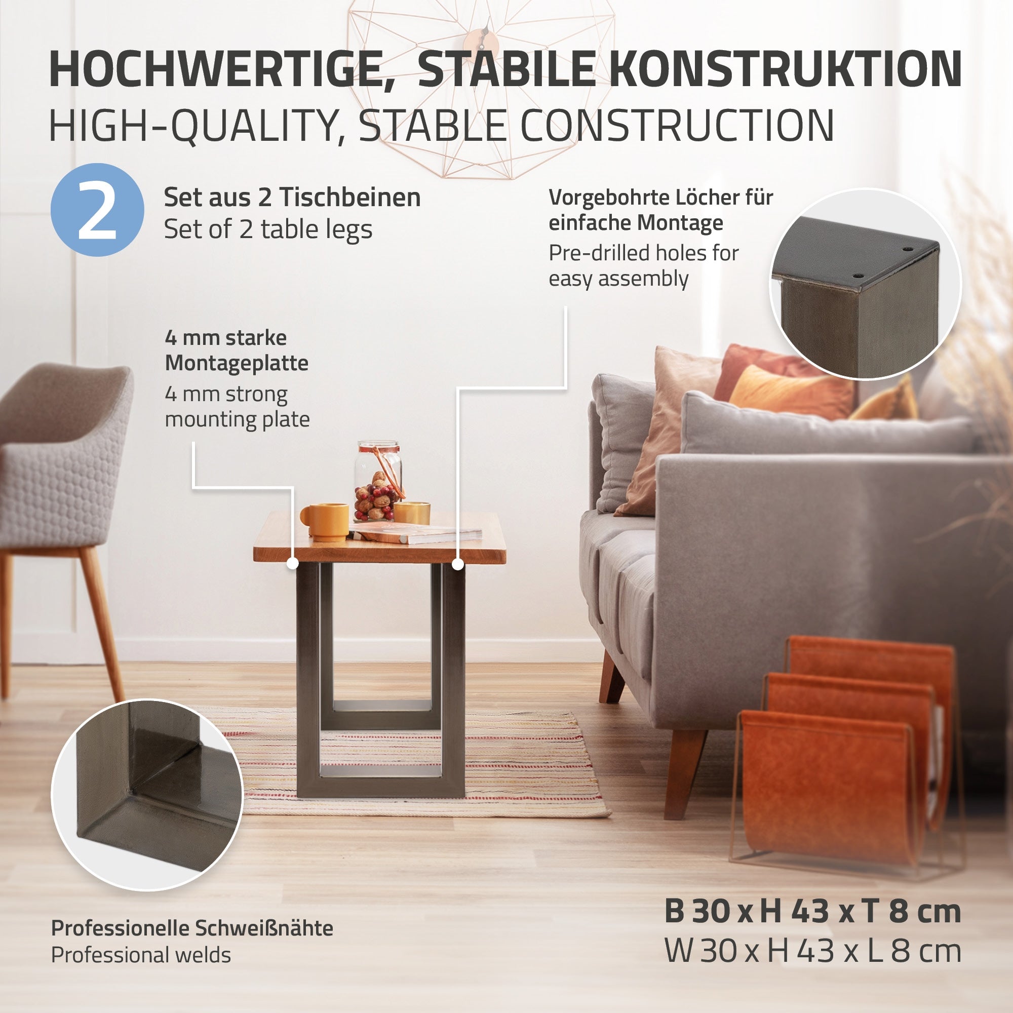 Set aus zwei Tischen mit stabiler Konstruktion und vorgebohrten Löchern.