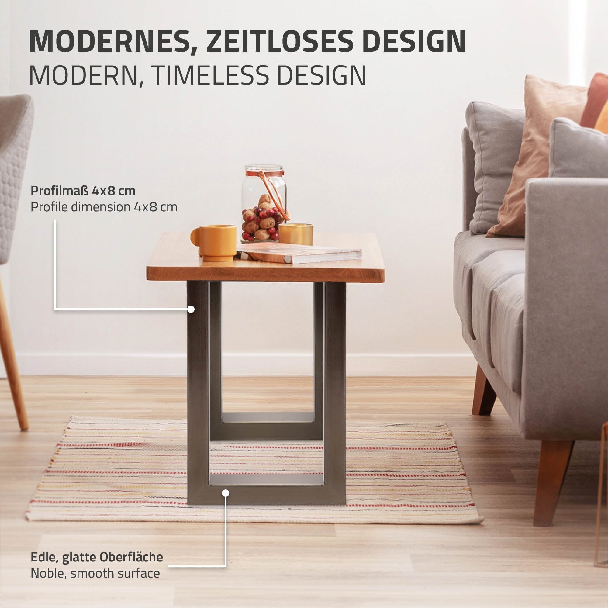 Holztisch mit Metallgestell, dekoriert mit Snacks und Getränken.