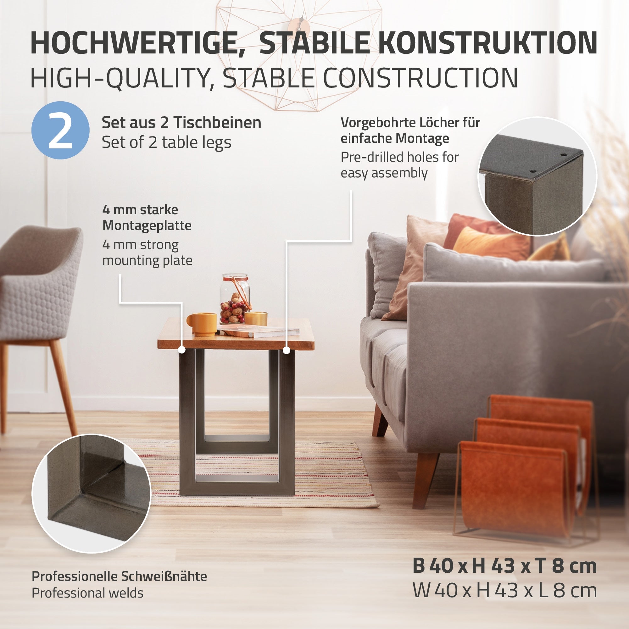 Tisch mit zwei Stühlen, Maßangaben und Montagehinweisen.