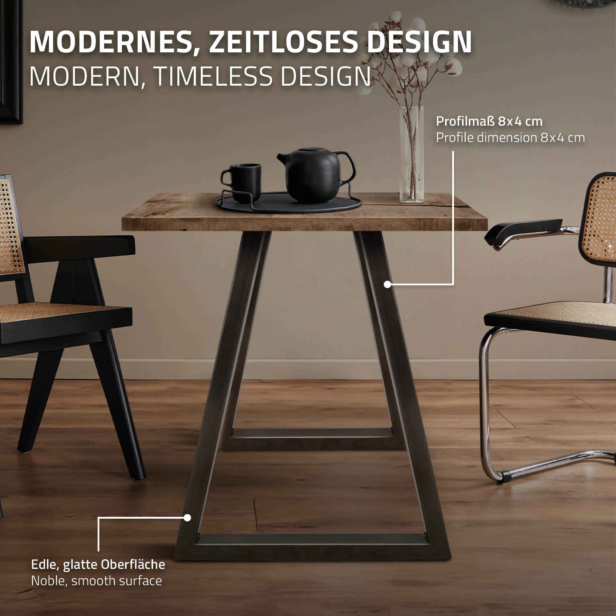 Holztisch mit Kaffeekanne und Stuhl, Beschreibung des Designs.
