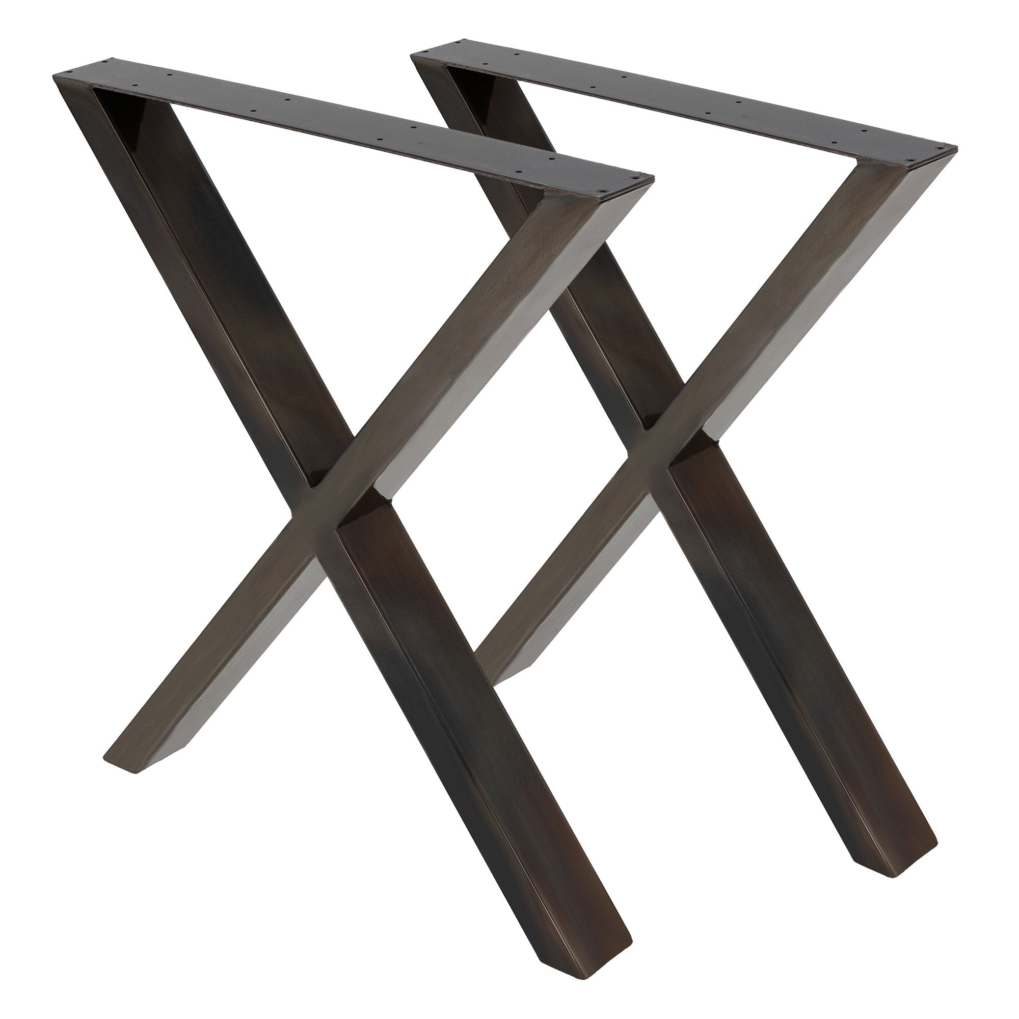 Zwei Tischbeine in X-Form aus Metall, schwarz lackiert.