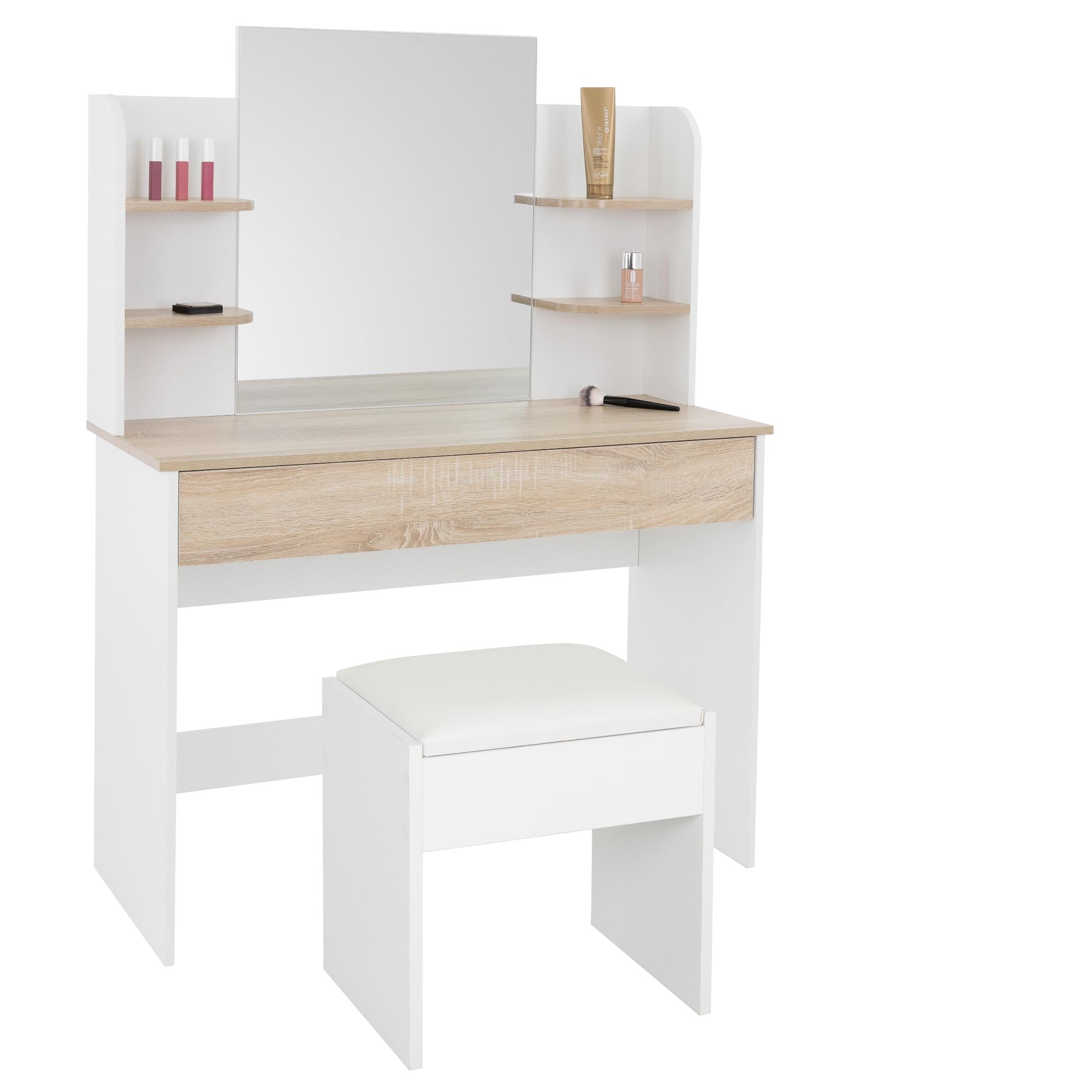 White vanity table with mirror, drawer, and side shelves.