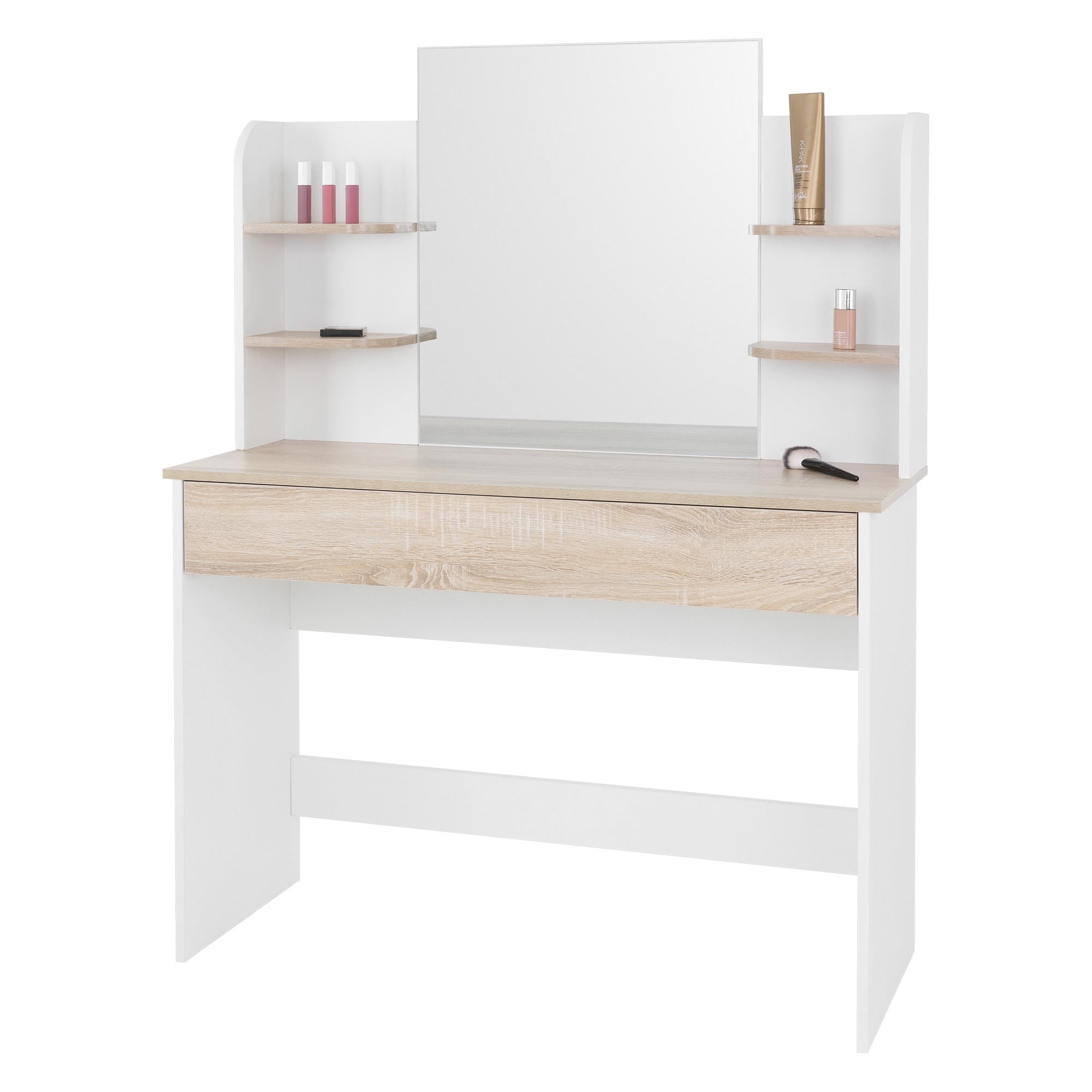 Vanity table with large mirror, wooden surface, and cosmetics.
