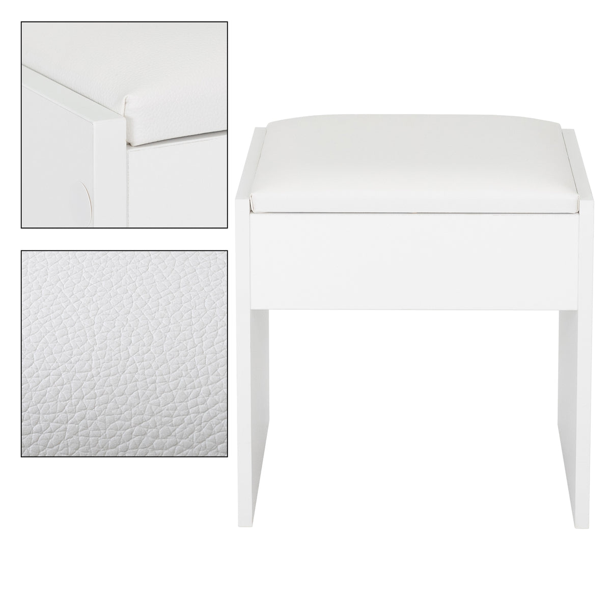 Taburete blanco con asiento acolchado y vista de textura.