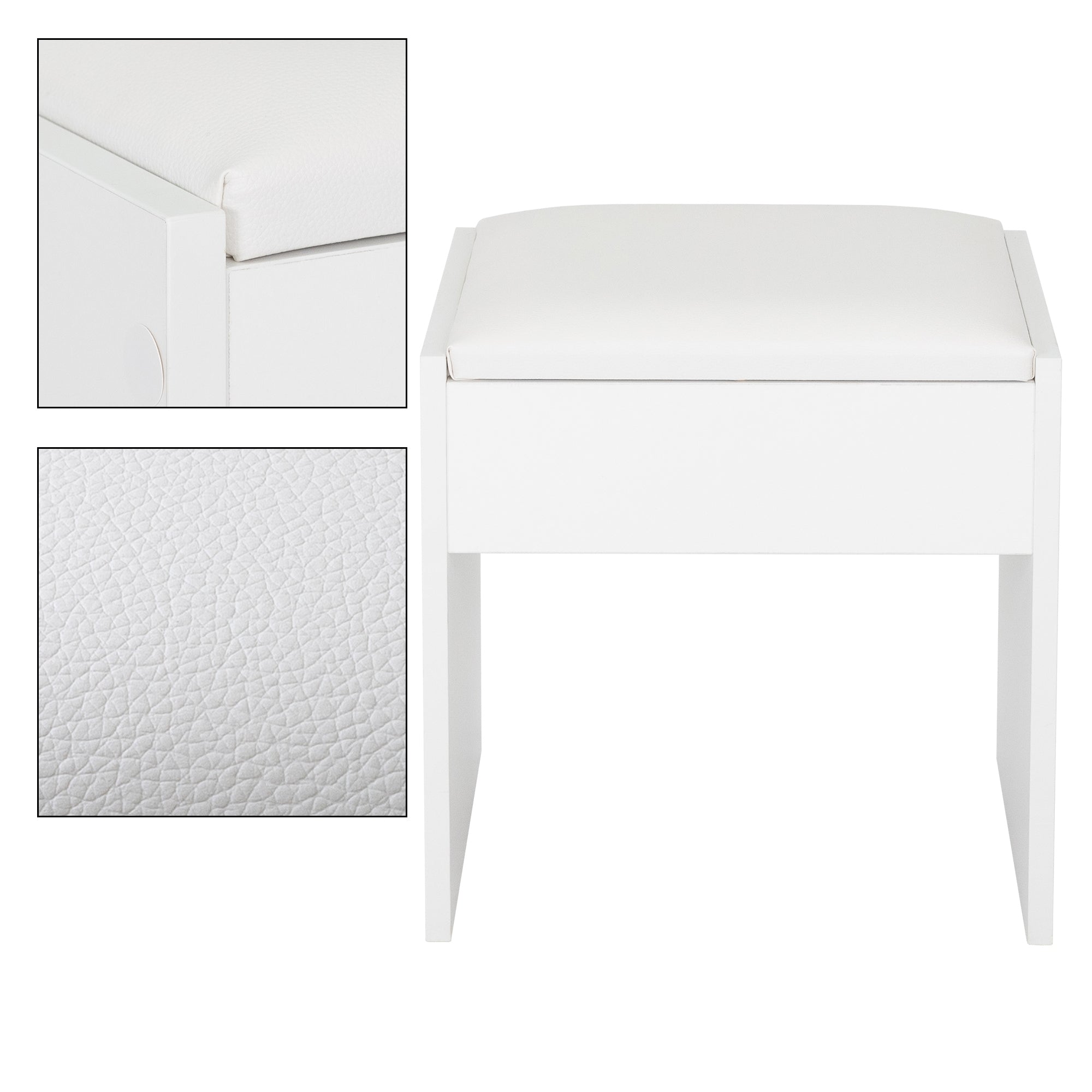 Weißer Hocker mit gepolsterter Sitzfläche und Texturansicht.