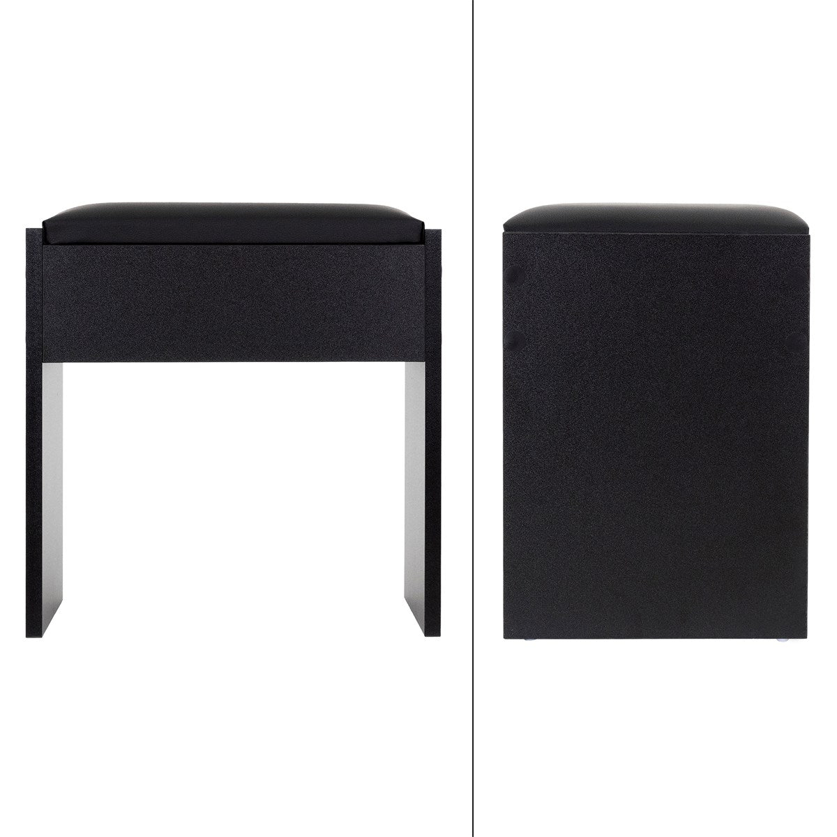 Schwarzer Hocker mit gepolsterter Sitzfläche und minimalistischer Struktur.