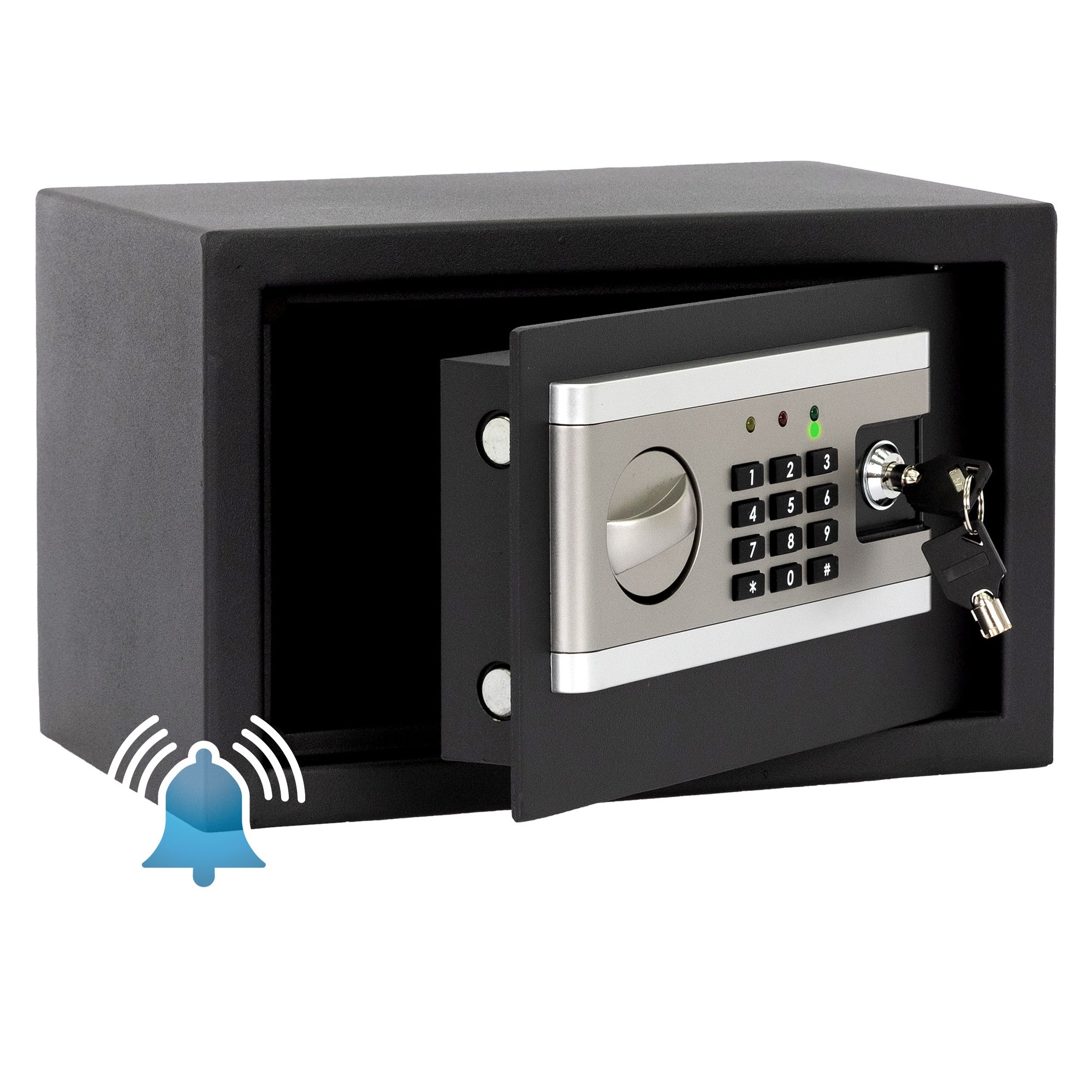 Offener Safe mit digitalem Zahlenschloss, Alarm-Symbol sichtbar.
