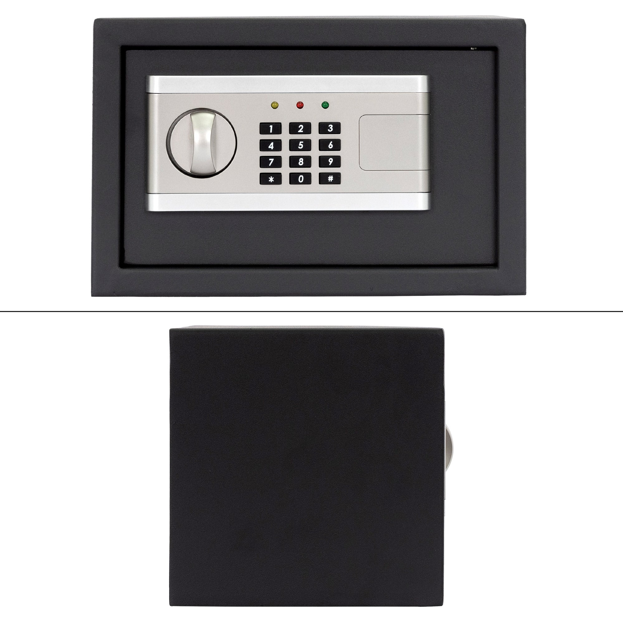 Schwarzer Safe mit digitalem Zahlenschloss und geschlossenem Deckel.