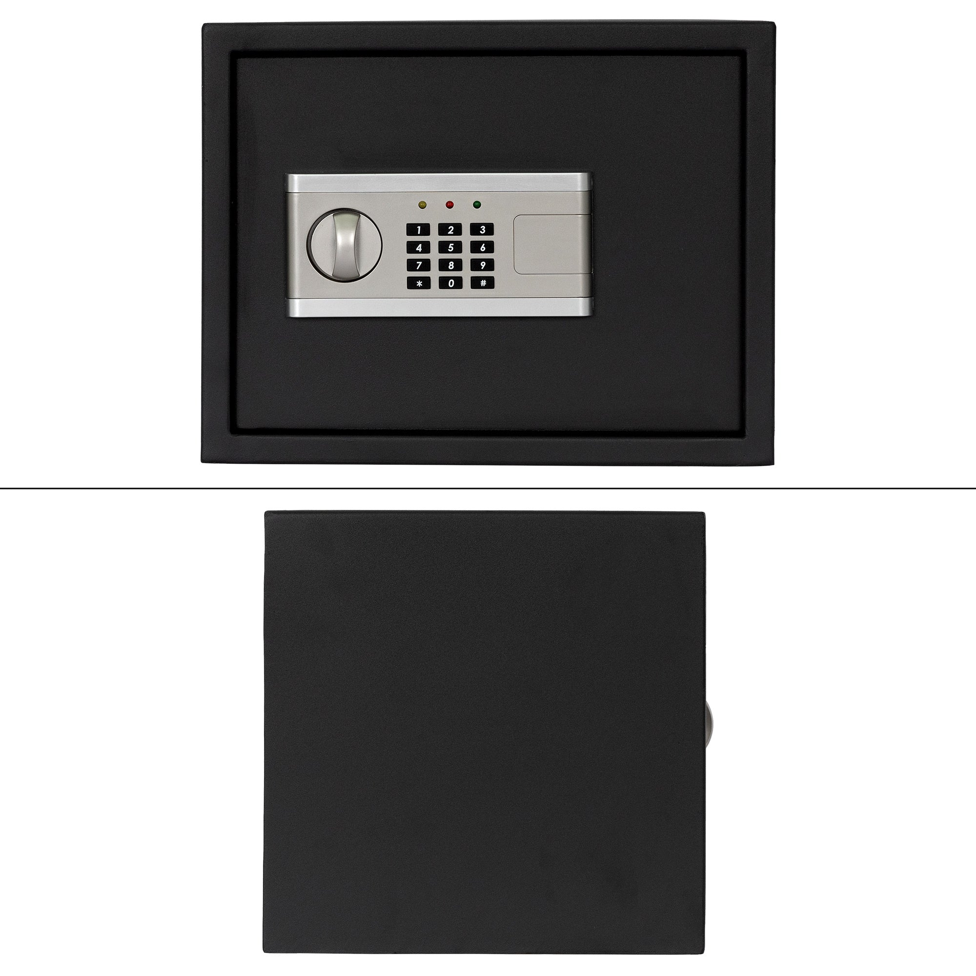 Oberansicht eines schwarzen Safes mit Zahlenschloss.