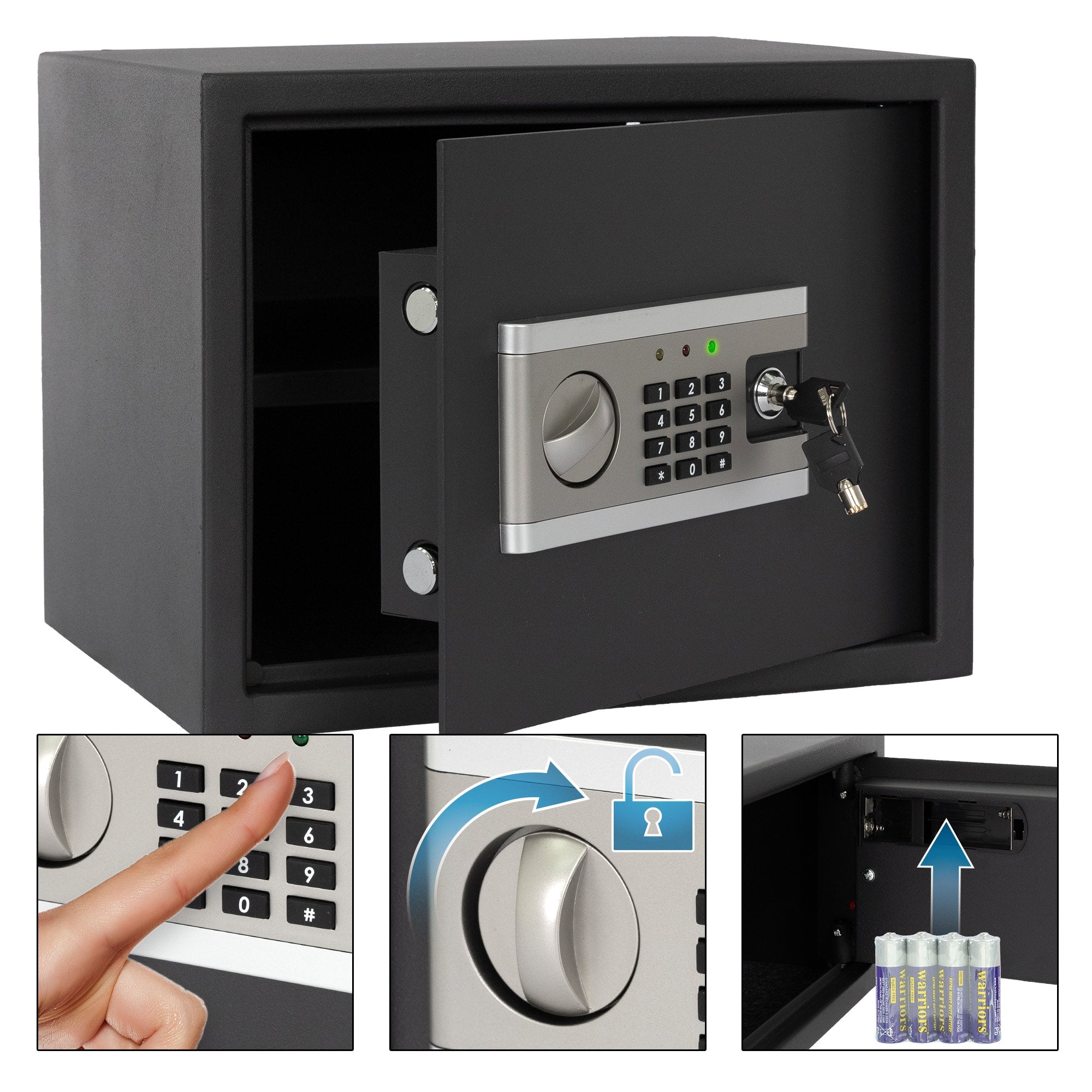 Nahaufnahme eines offenen Safes mit Zahlentastatur und Schlüssel.