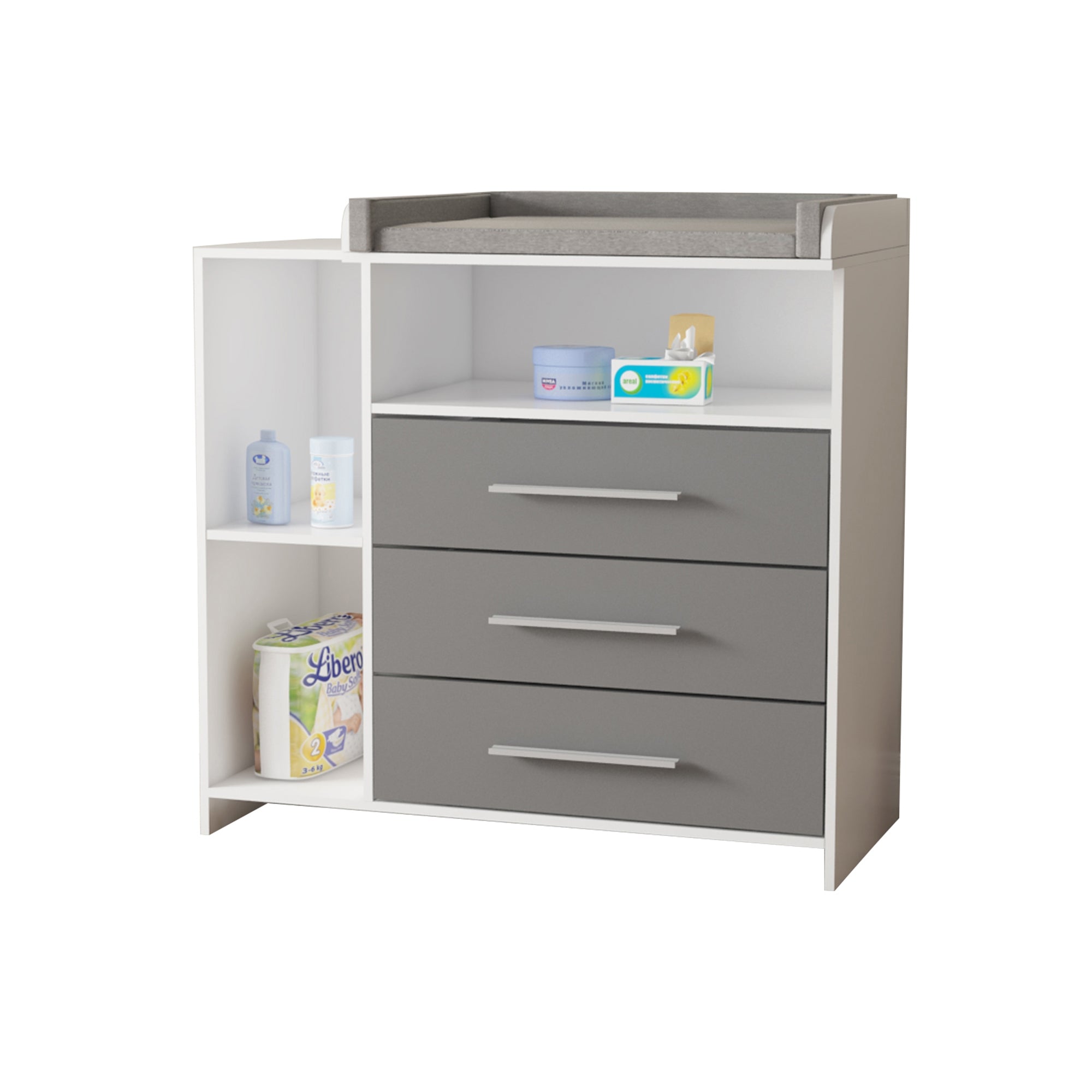 Changing table with three drawers and a surface, filled with baby products.