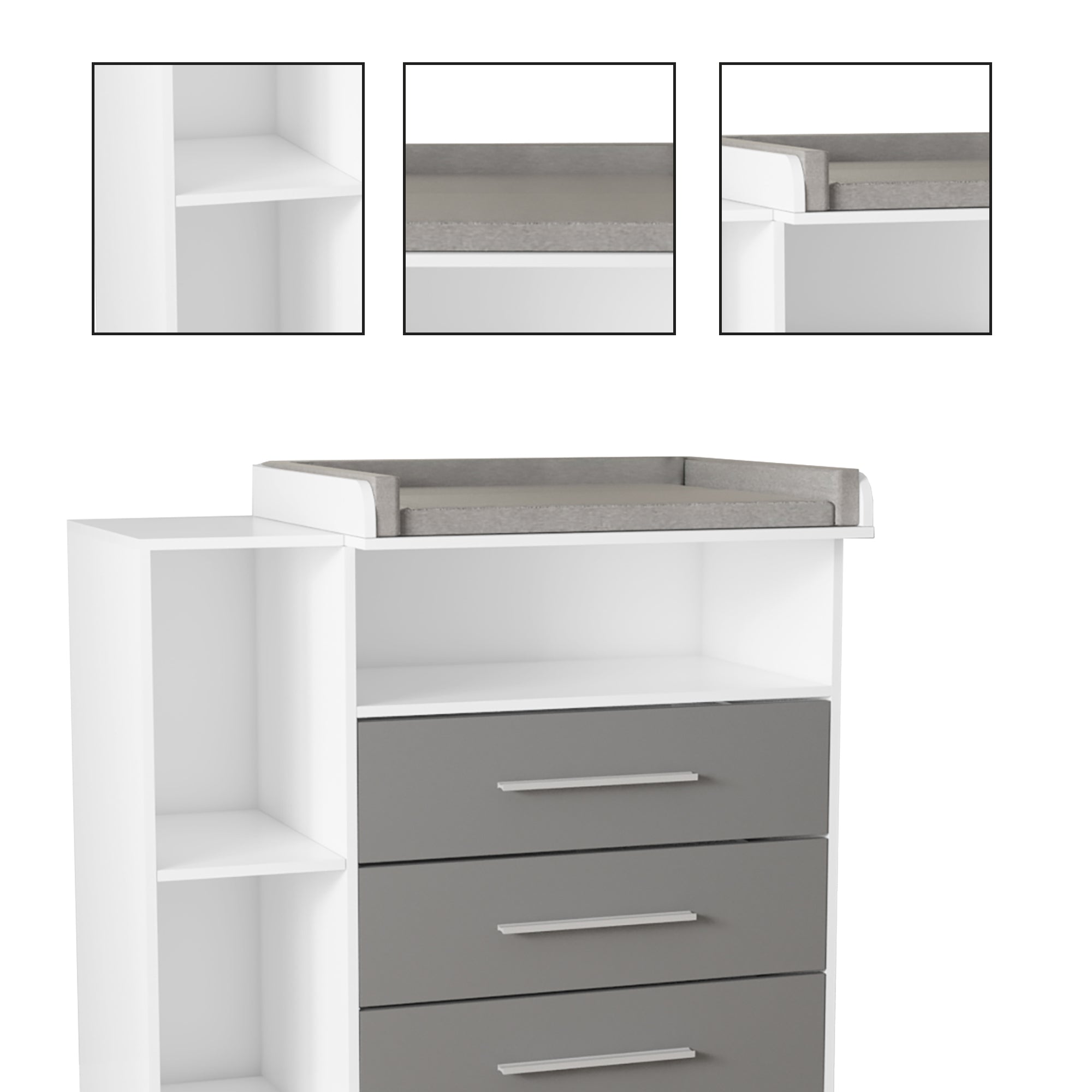 White changing table with gray surface and drawers.