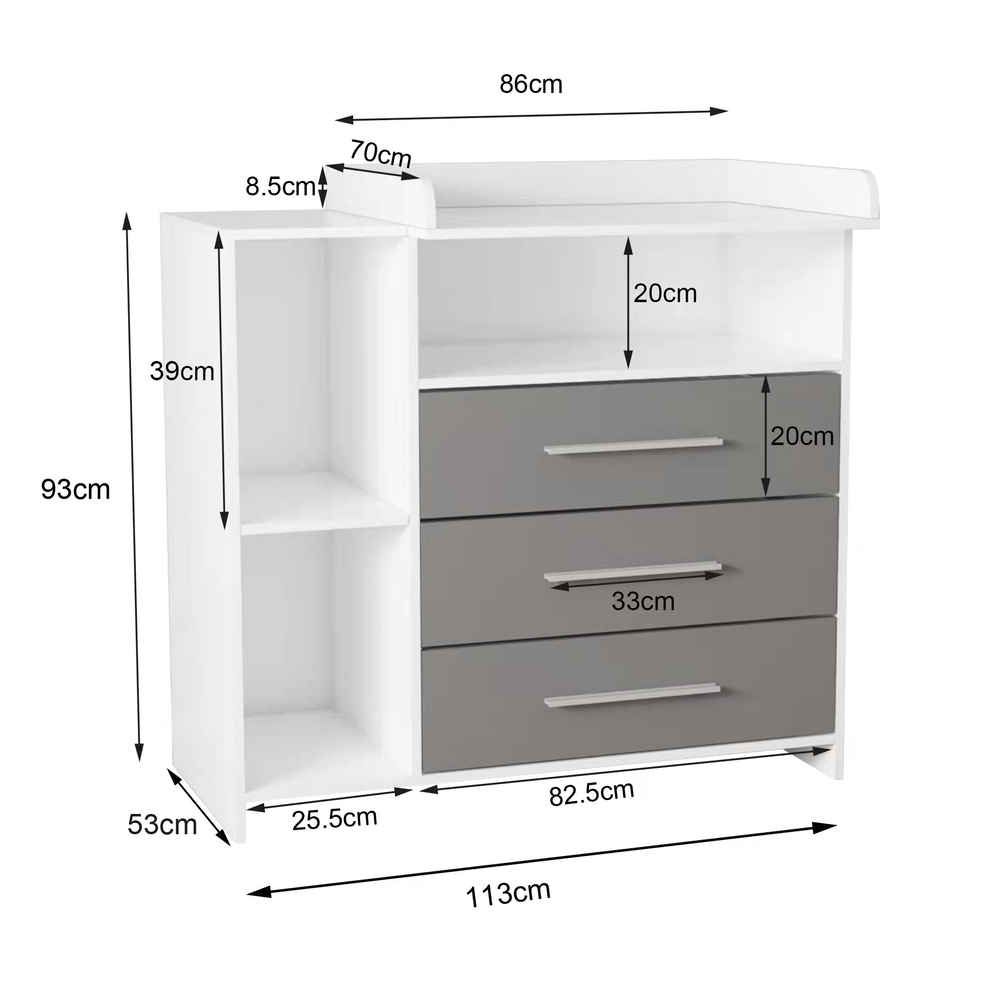 Furniture piece with three drawers and shelf, dimensions specified.