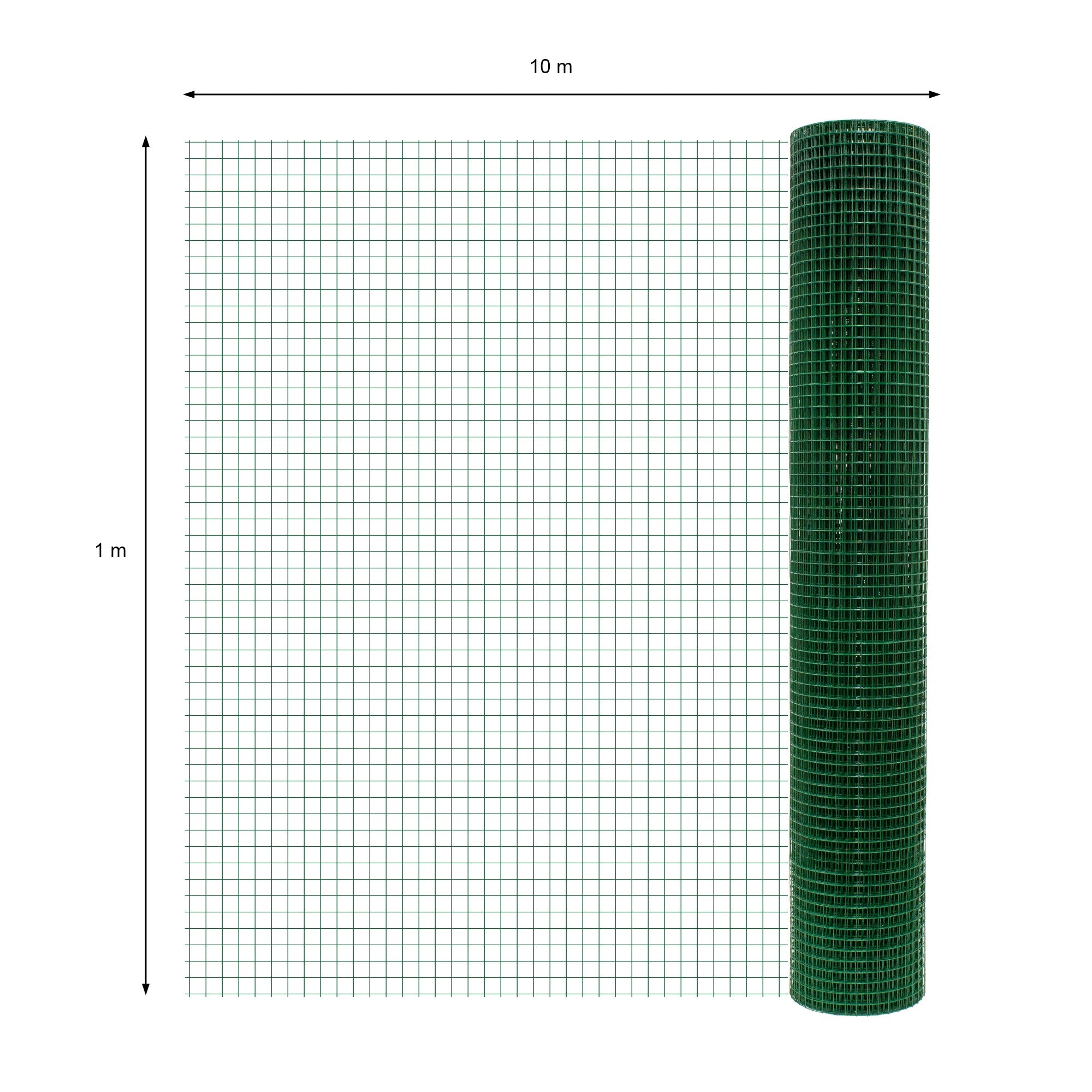 Grünes Drahtgitter mit quadratischem Muster, 10 m lang und 1 m hoch.