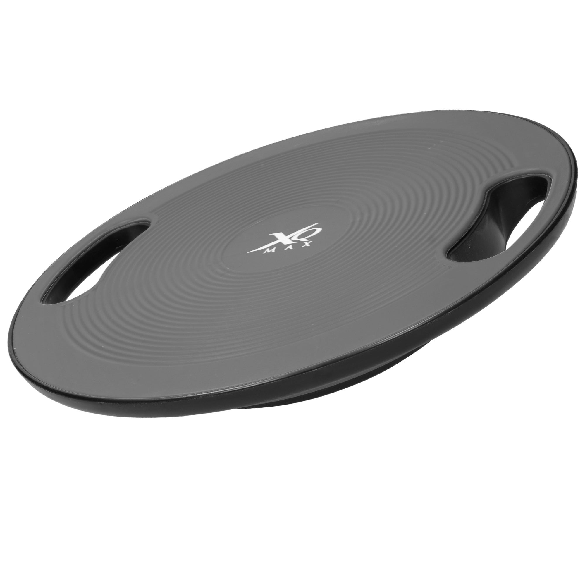 Runder, grauer Balance-Board mit zwei Griffen.
