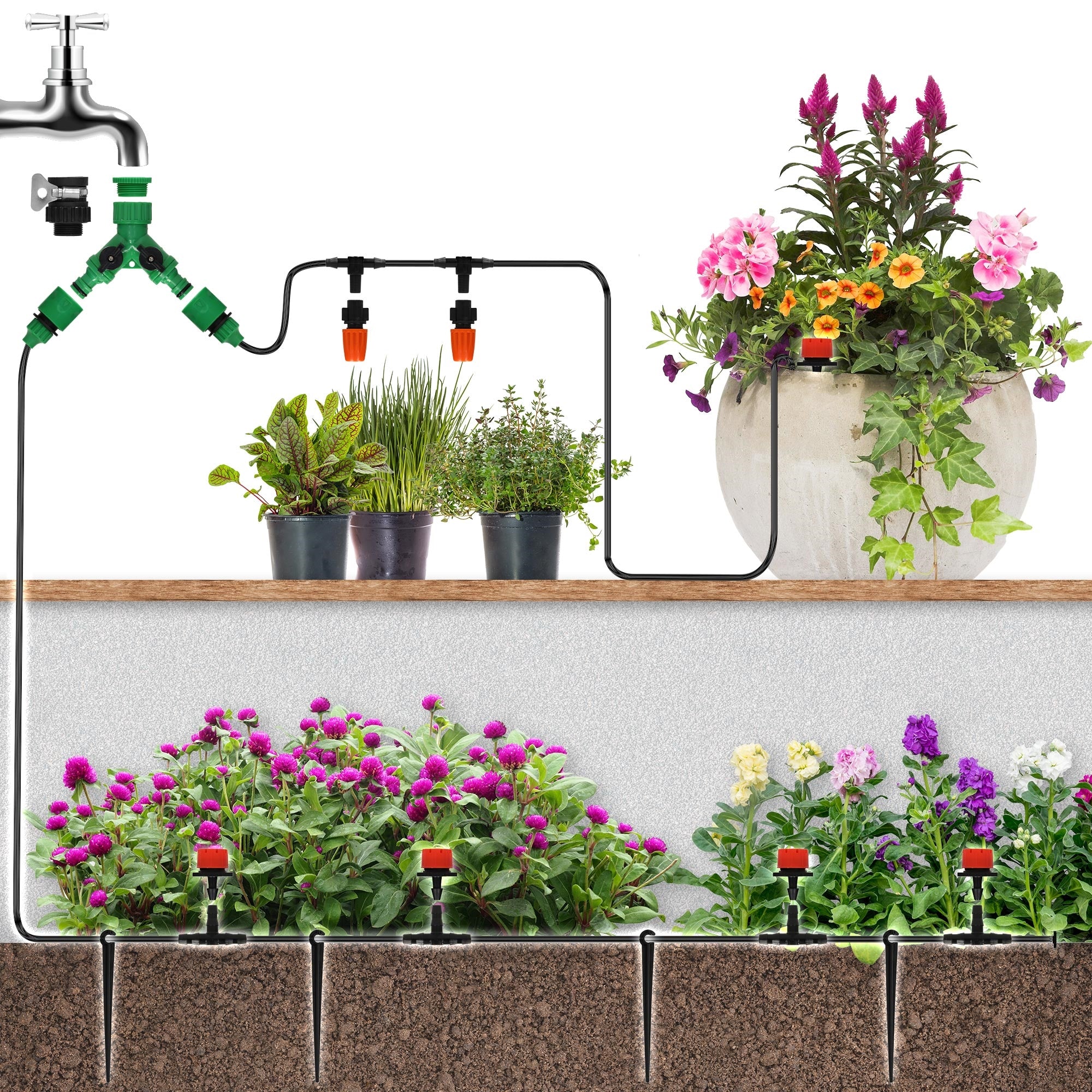Vandingssystem med planter og blomster på et bord.