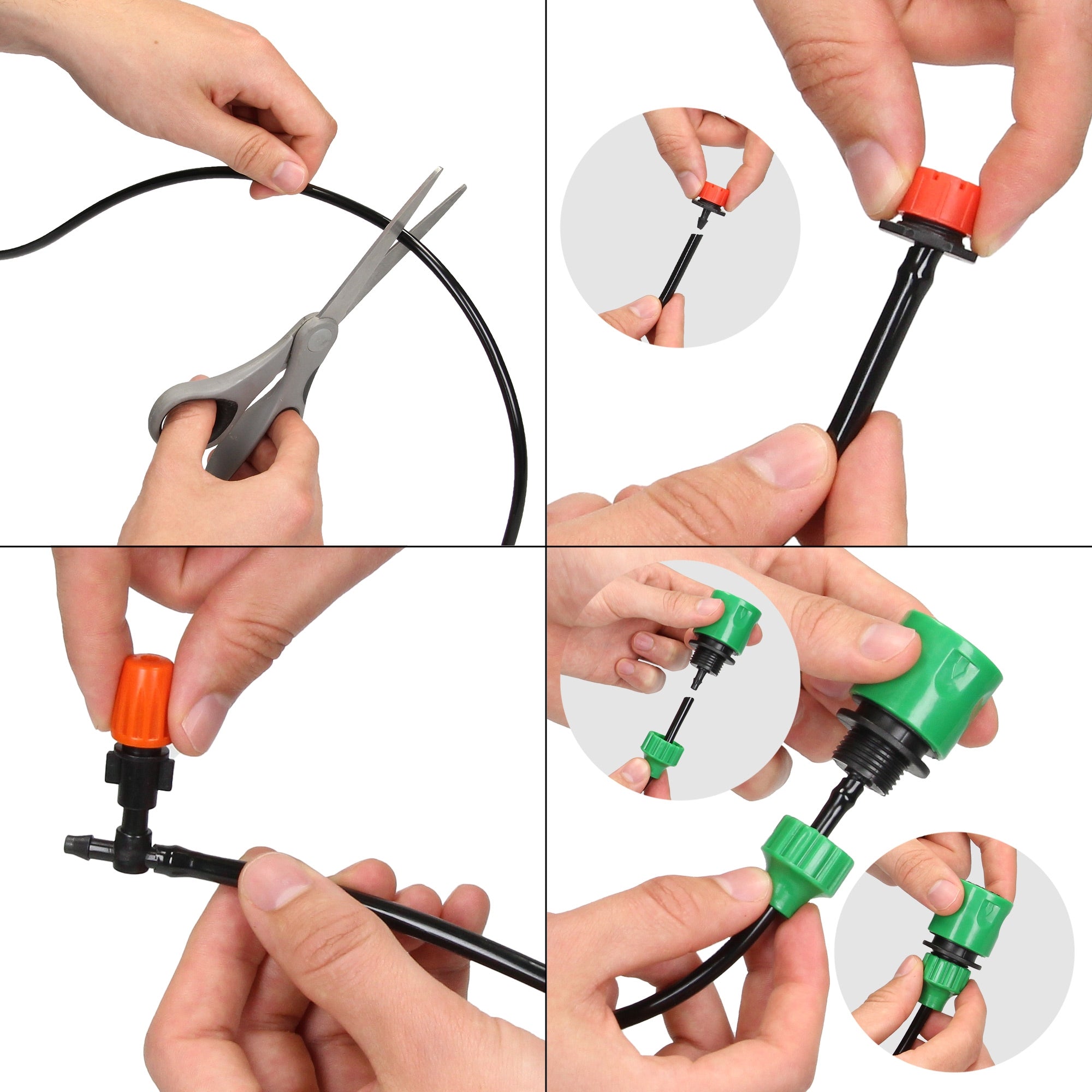 Hænder klipper et sort kabel med en saks og monterer en stik.