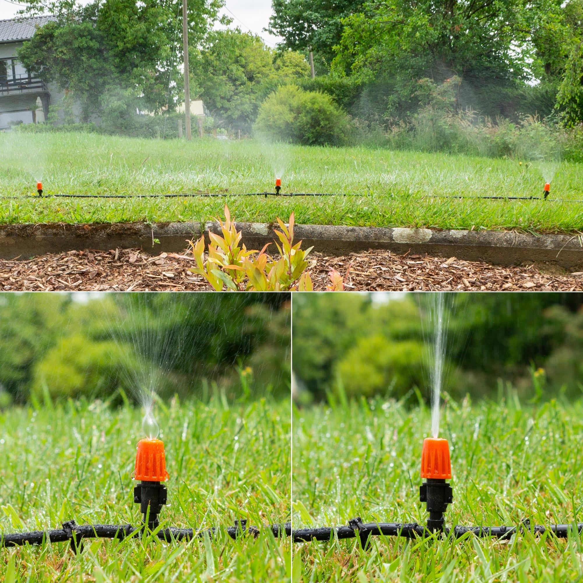 Sprinkleranlæg på en græsplæne, vand sprøjter fra en orange sprinkler.