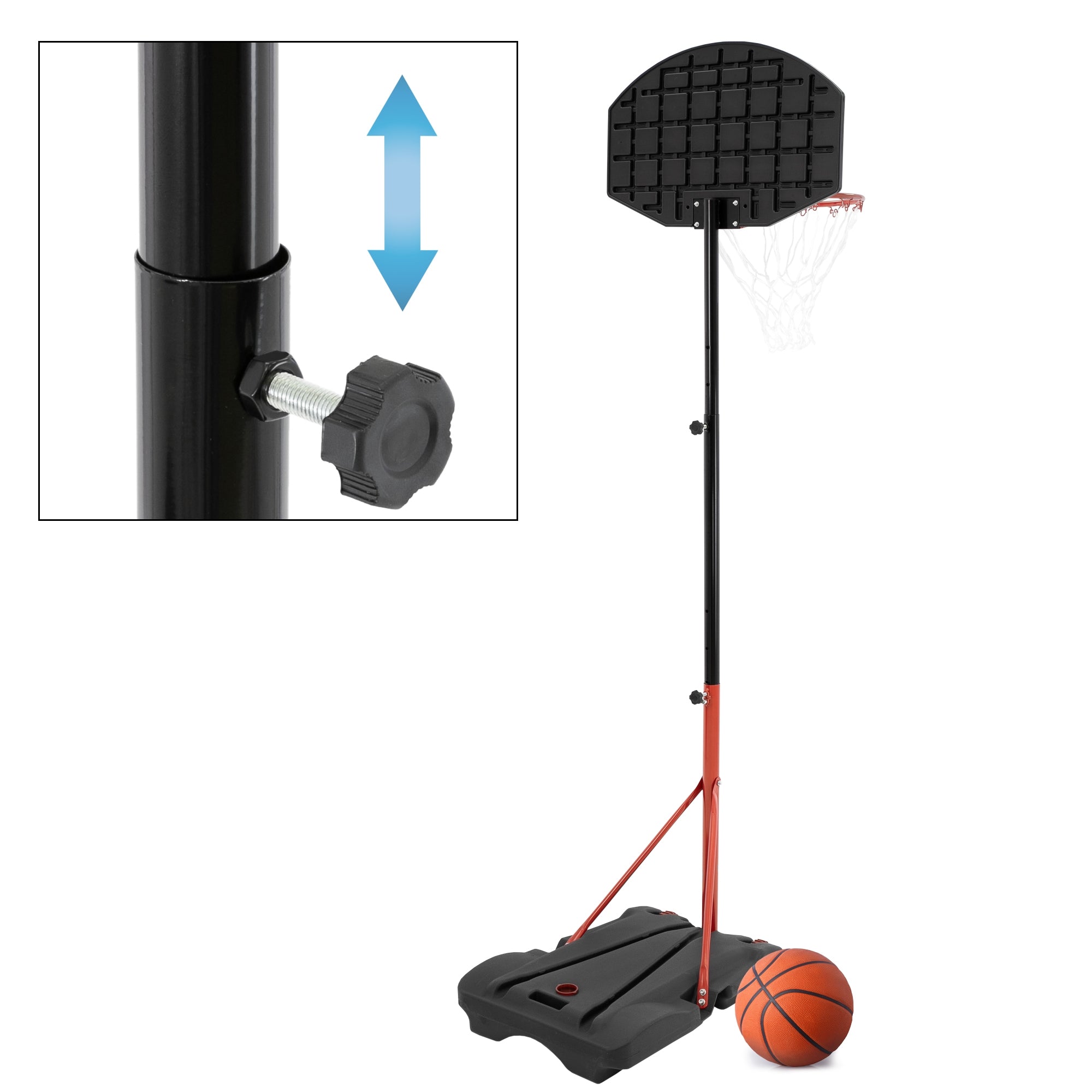 Panier de basket réglable en hauteur avec un ballon de basket et mécanisme de réglage.
