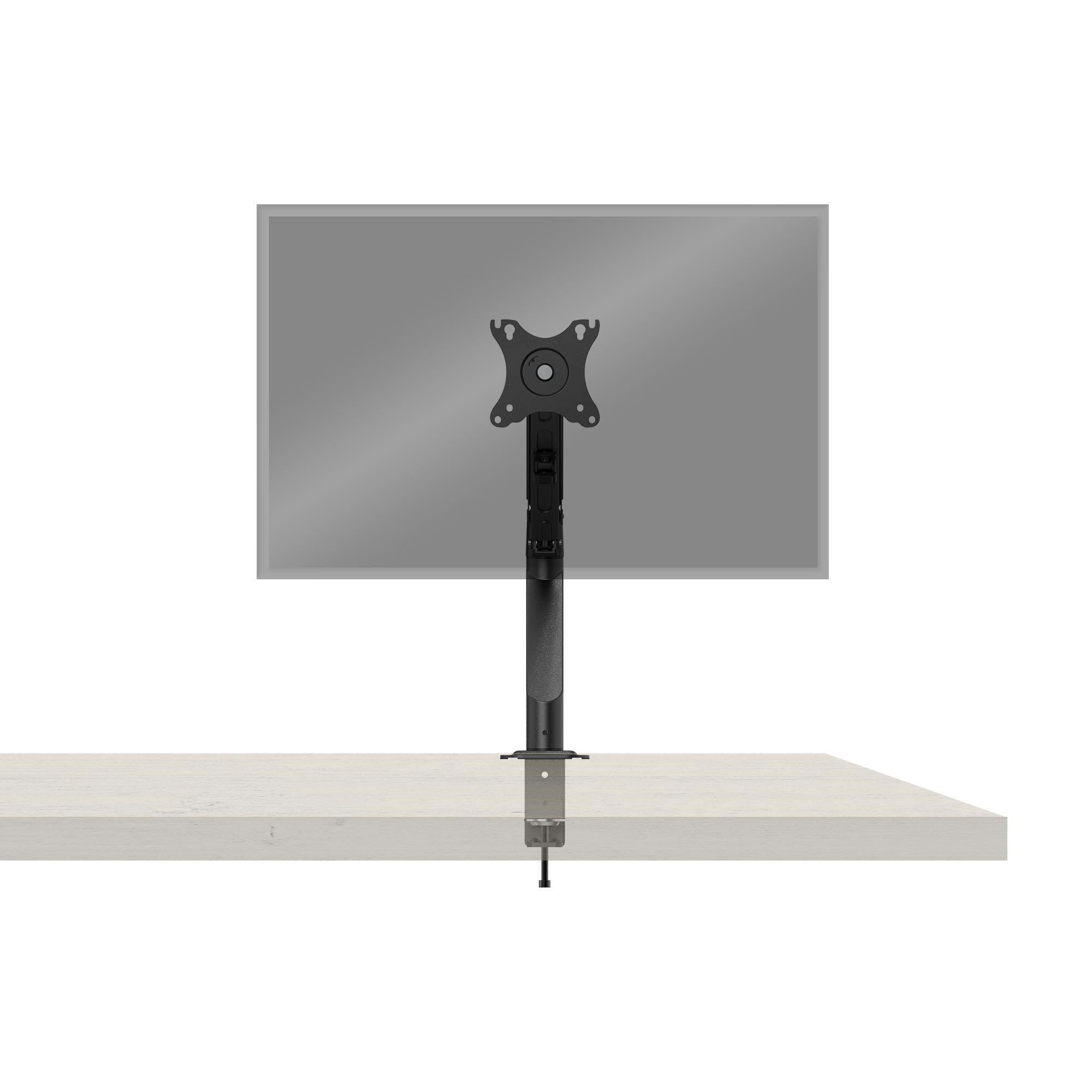 Monitorhalterung mit einem Bildschirm, auf einem Tisch montiert.