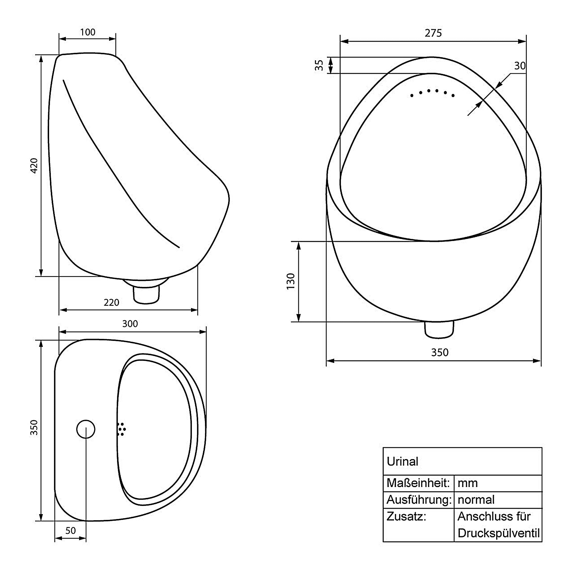 Technische tekening van een urinoir met maatgegevens in millimeters.