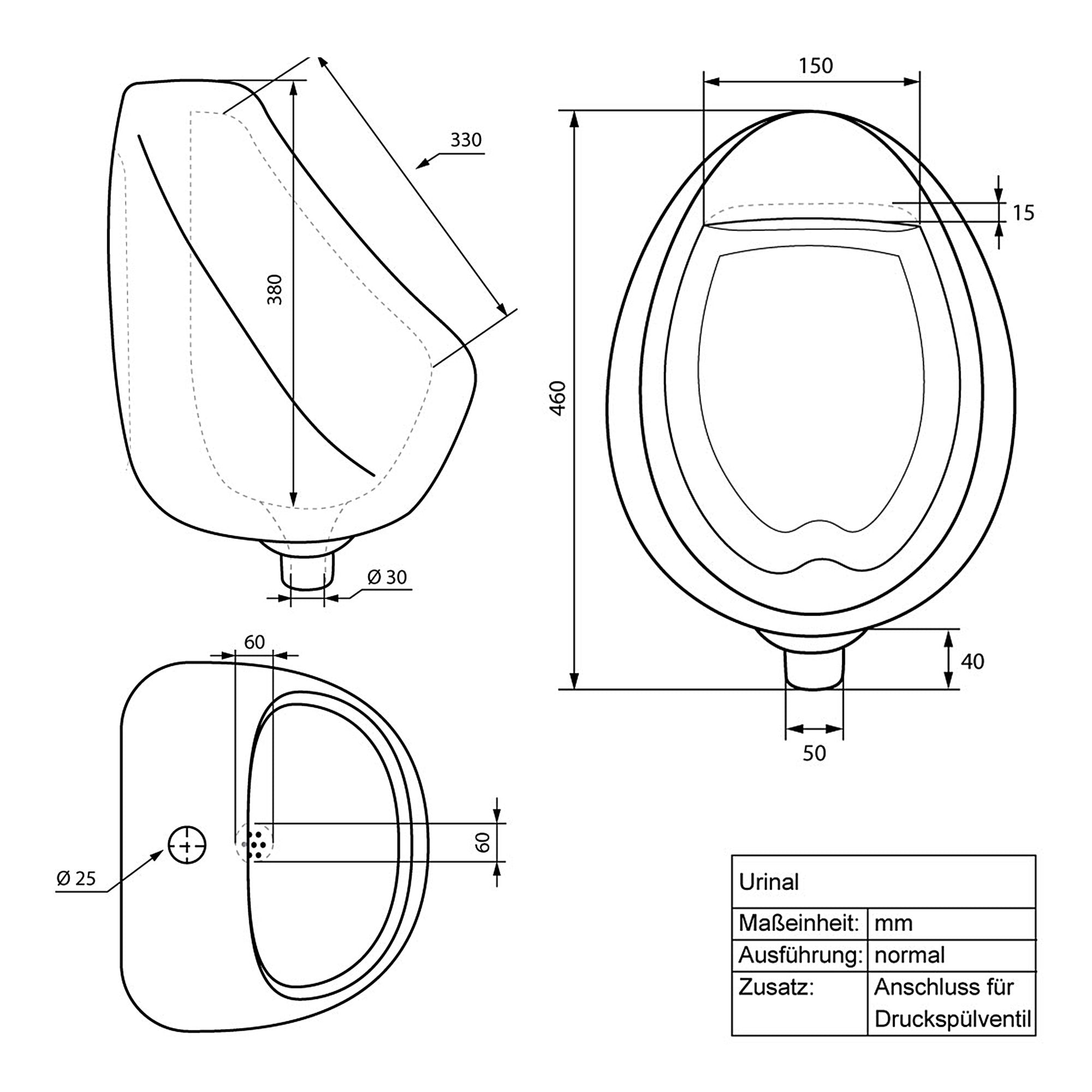 Technische tekening van een urinoir met afmetingen in millimeters.