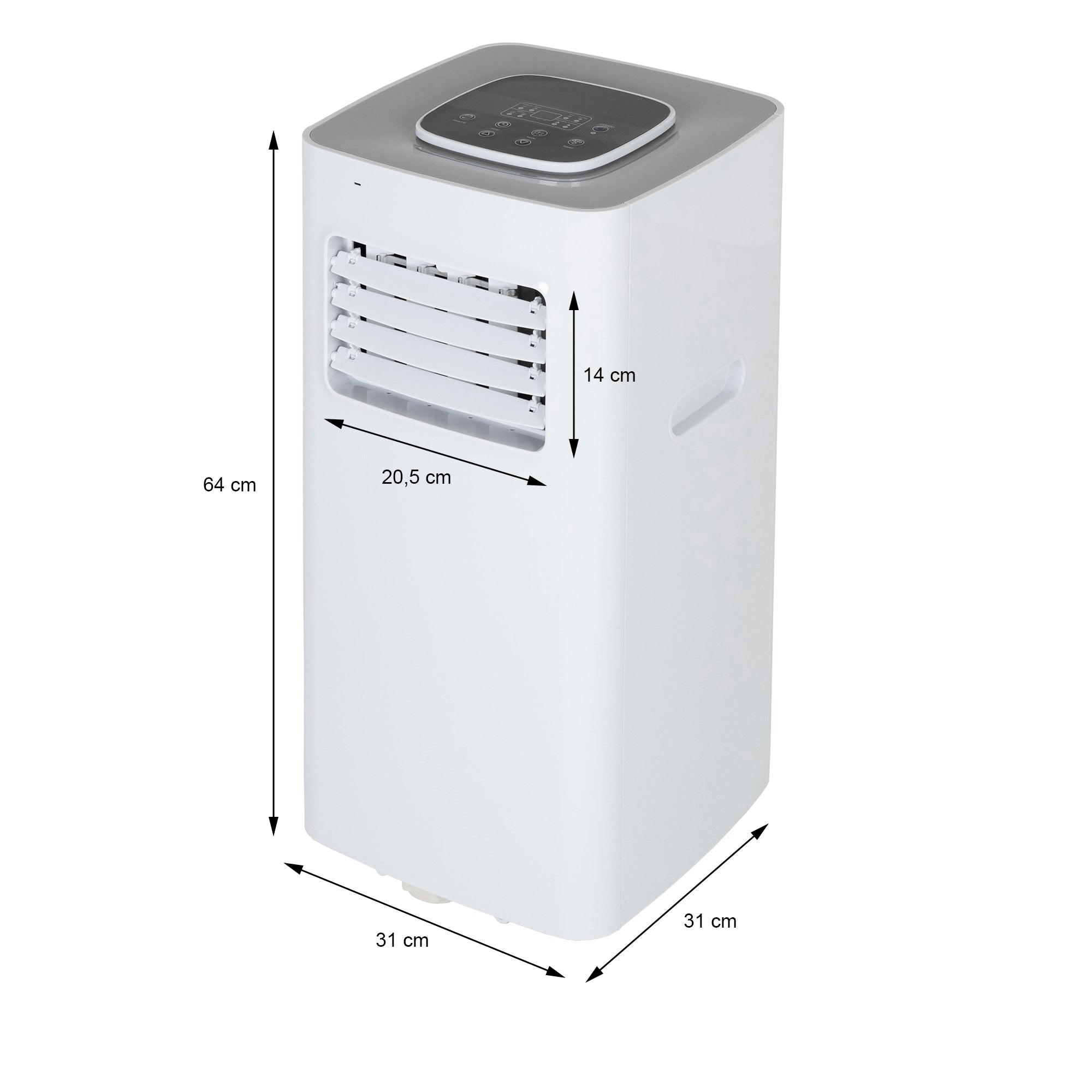 Mobile air conditioner in white with controls on top and ventilation slots in front.