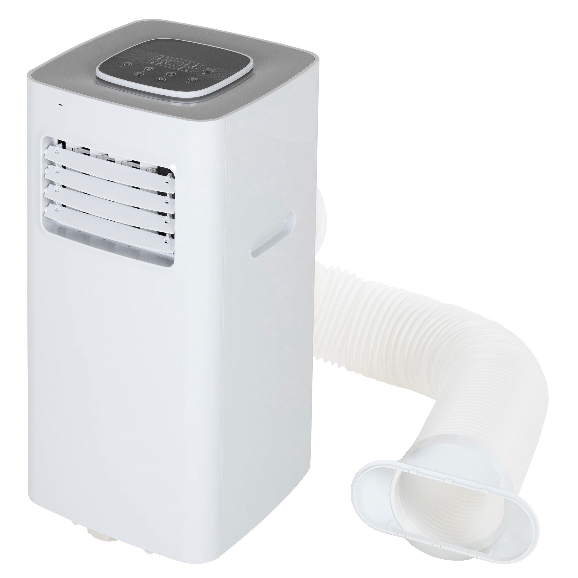 A portable air conditioning unit with a flexible exhaust hose.
