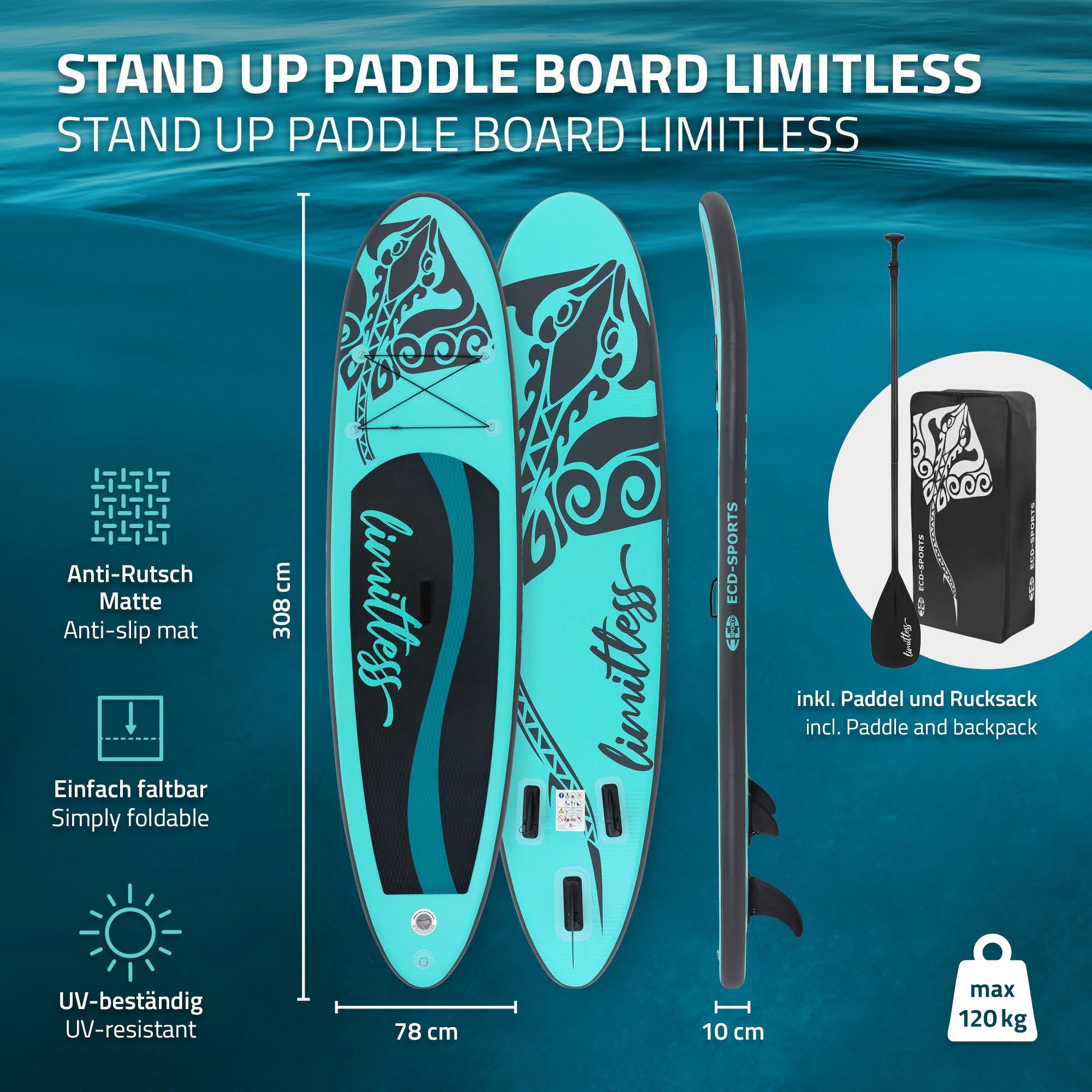 Tabla de Stand-Up-Paddle en azul con alfombrilla antideslizante y bolsa de transporte.