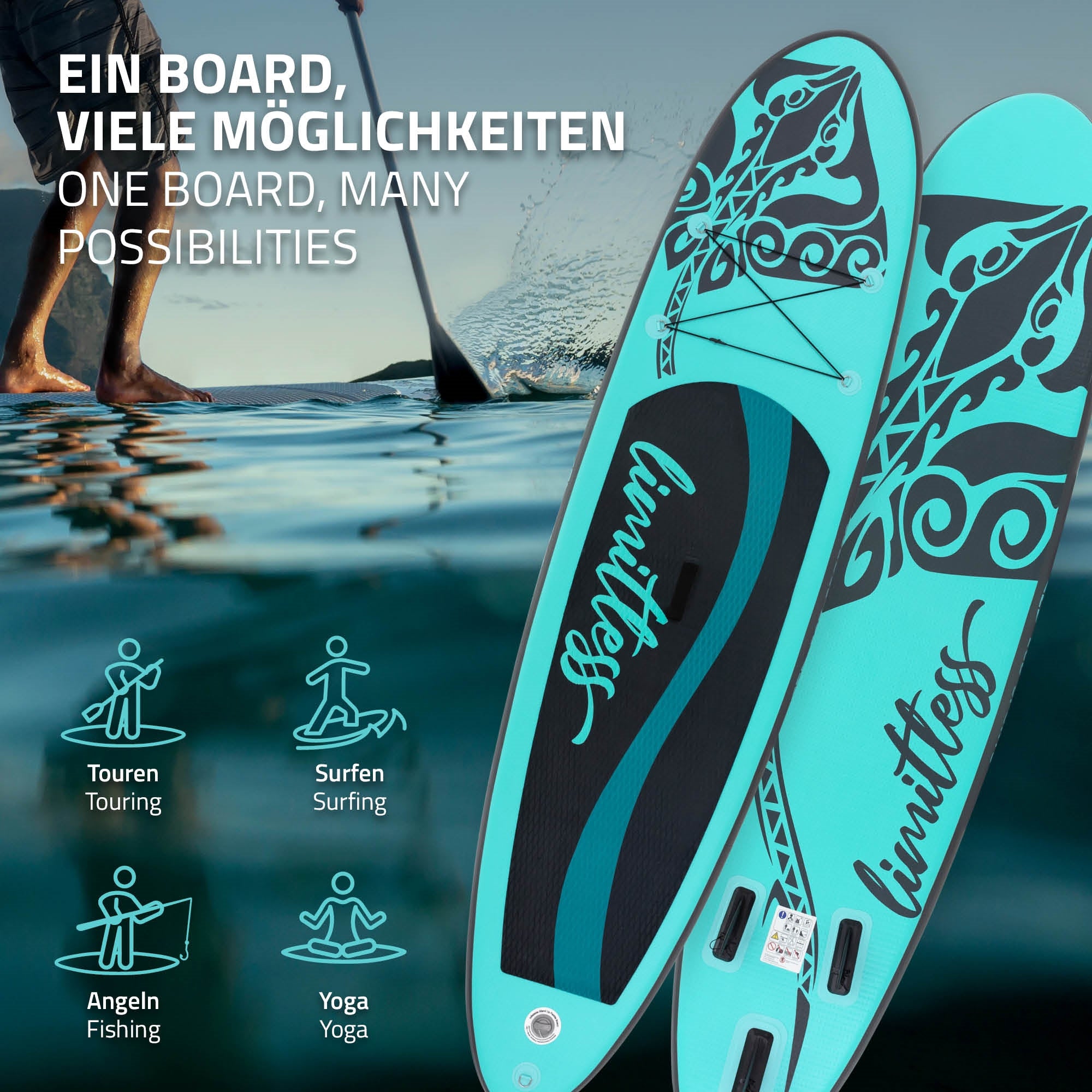 Tabla de paddle en azul con gráfico limitado y diversas posibilidades de uso.