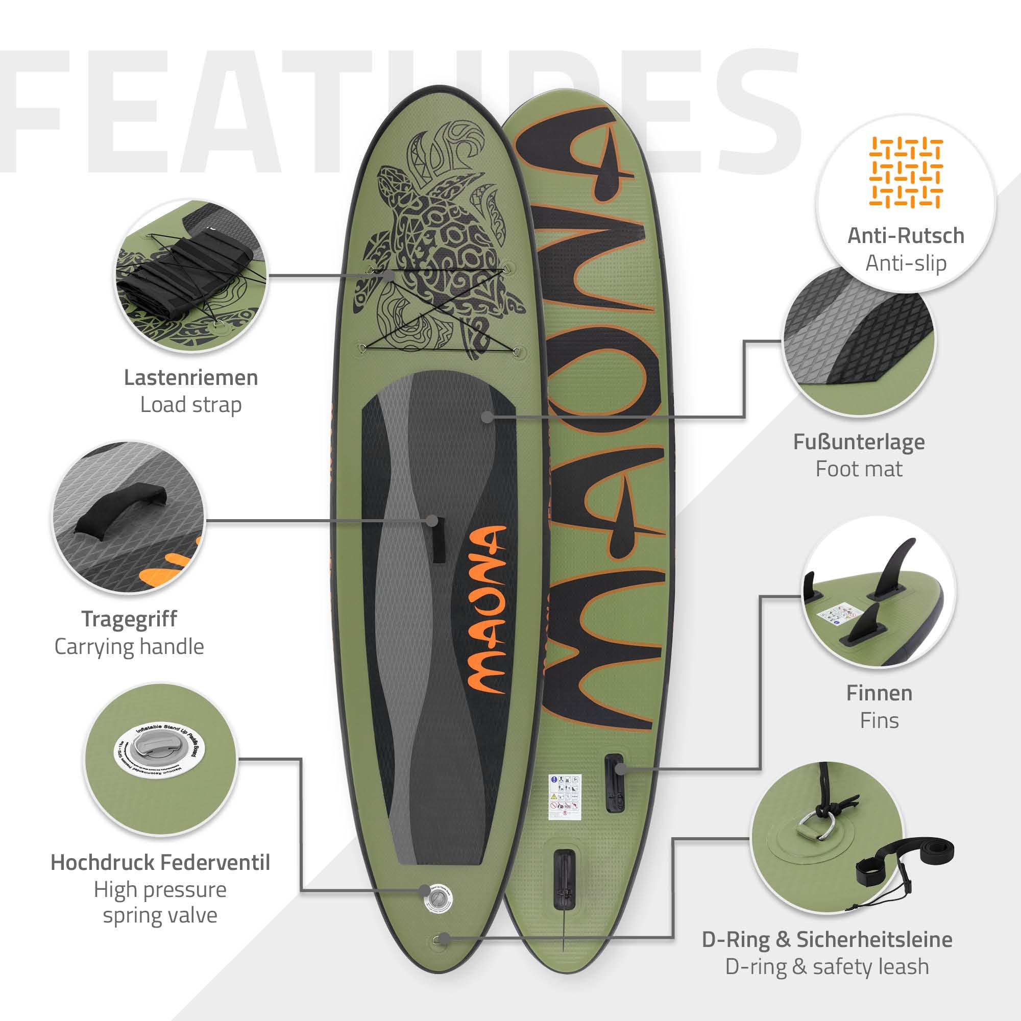 Stand-Up-Paddle-Board mit Anti-Rutsch-Oberfläche und verschiedenen Features.