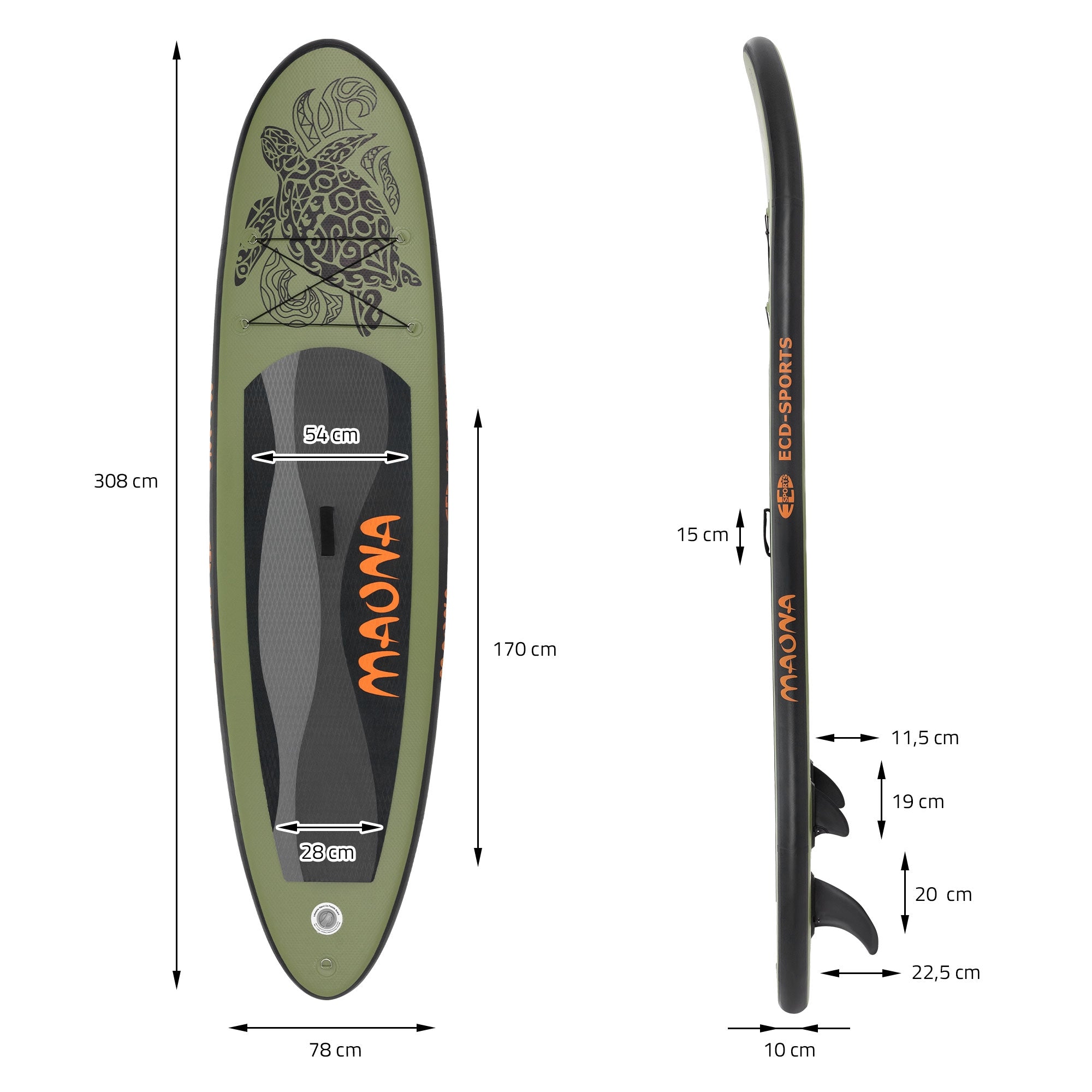 Seitenansicht eines Stand-Up-Paddle-Boards mit Maßangaben.