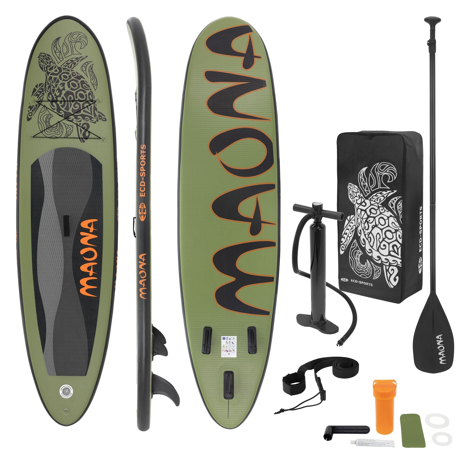 Stand-Up-Paddle-Board in Olivgrün mit Zubehör wie Paddel und Pumpe.