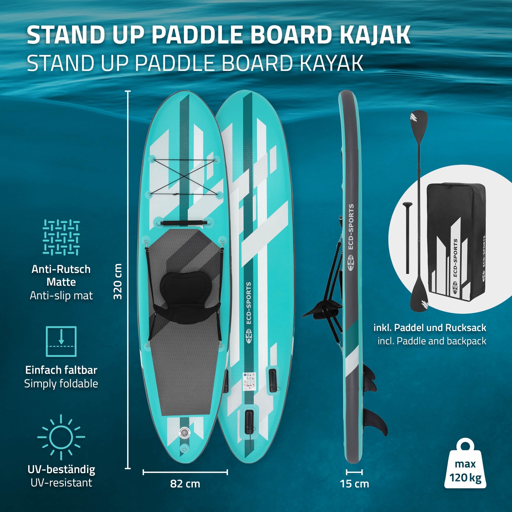 Stand-Up-Paddleboard in blau mit Zubehör und Tragetasche.