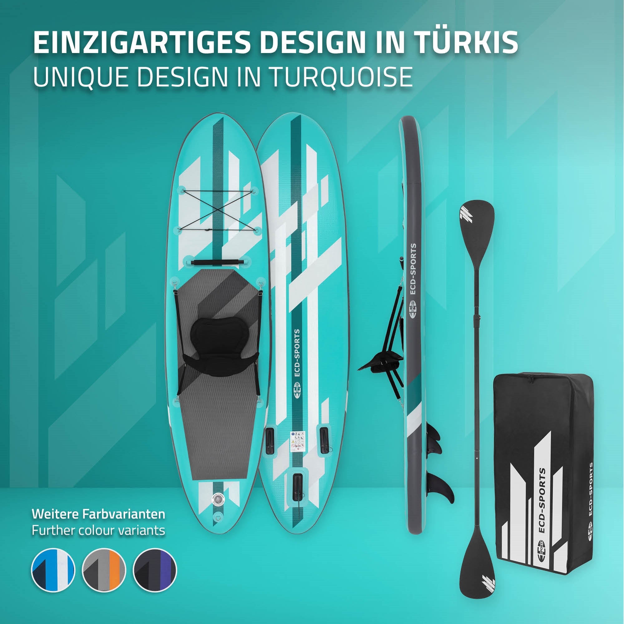 Türkisfarbenes Stand-Up-Paddle-Board mit Paddel und Tasche.